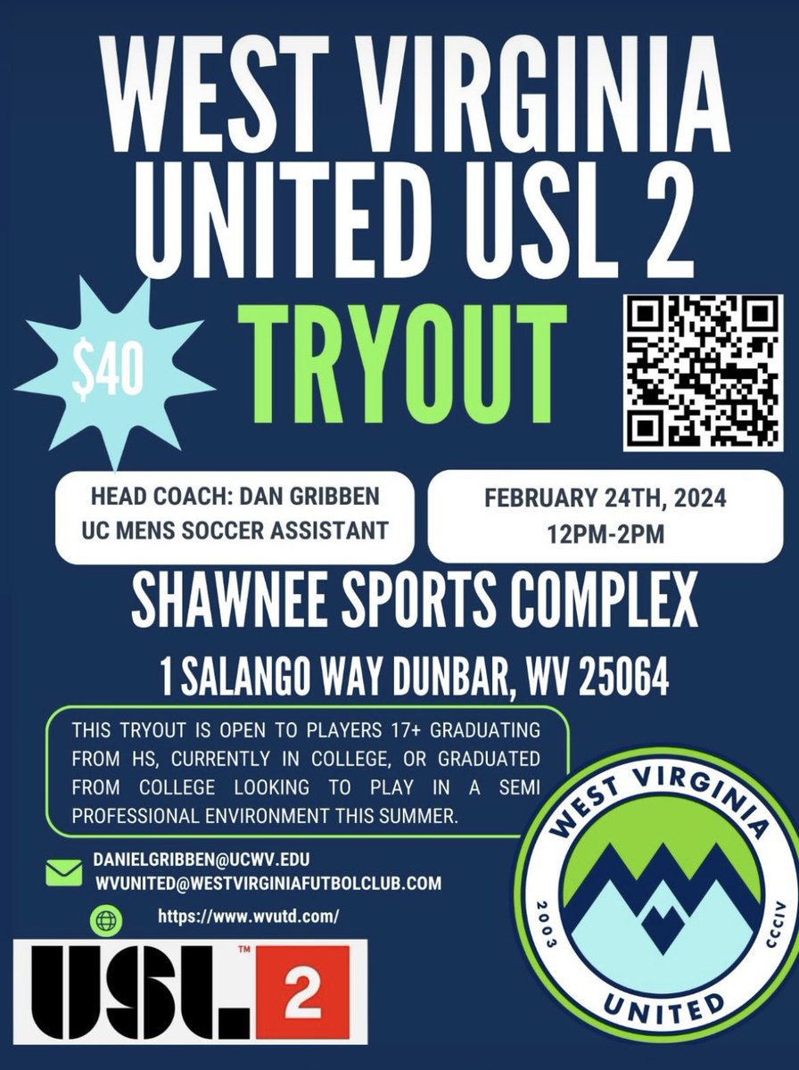 wvutd's tweet photo. Open tryouts for the 2024 USL 2 season will be on February 24th at Shawnee Sports Complex. 

Please use the QR code on the flyer or this link to sign up: https://t.co/V3veYGg7jn

#WVUTD #USL https://t.co/QobIvEM7rn