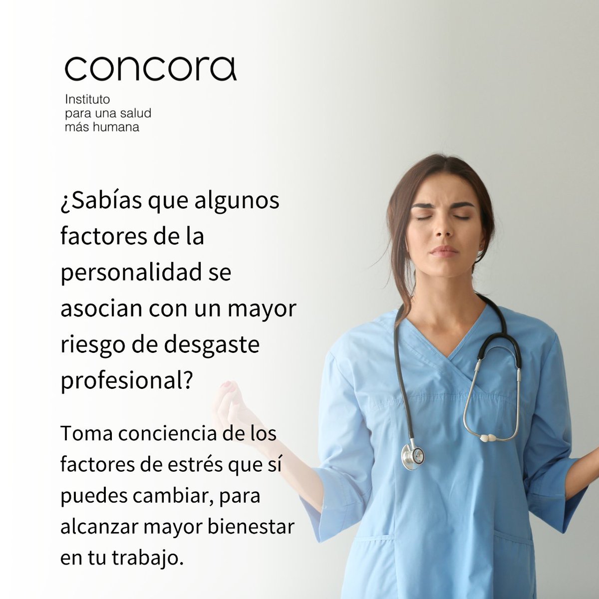 Con nuestros talleres prácticos 100% orientados a profesionales sanitarios podrás tomar conciencia de los factores de estrés que SÍ puedes cambiar, para alcanzar mayor bienestar en tu trabajo y lograr una comunicación efectiva con tus pacientes.
#saludmashumana #institutoconcora