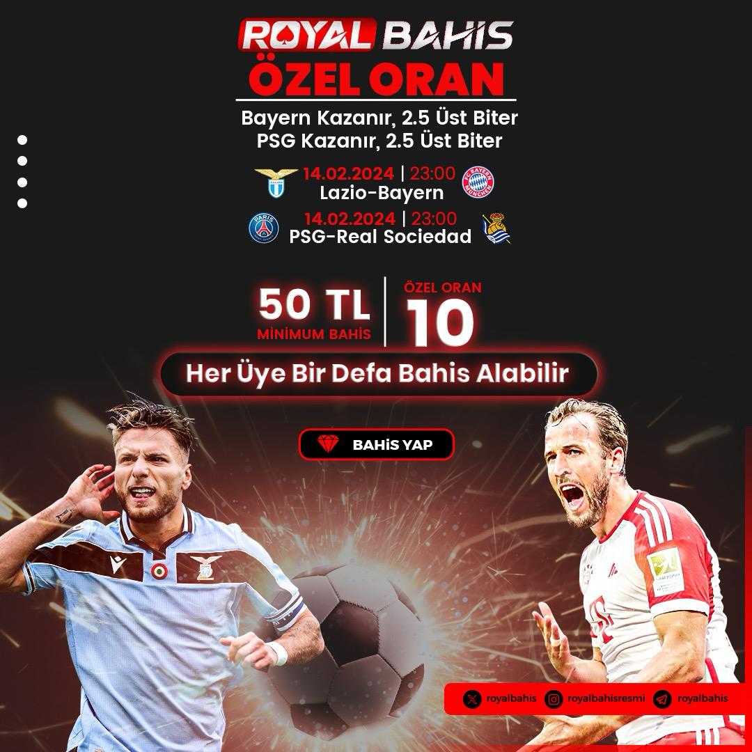 royalbahis's tweet photo. 💎ÖZEL ORANLAR AKTİF - 10 ORAN!💎  

⚡️ Lazio VS Bayern - Bayern Kazanır, 2.5 Üst Biter
⚡️ PSG VS Real Sociedad - PSG Kazanır, 2.5 Üst Biter

💸 Maximum Bahis: 50 TL

Royalbahis giriş:
https://t.co/5HzFHpLYJt https://t.co/cw5HCaft0v