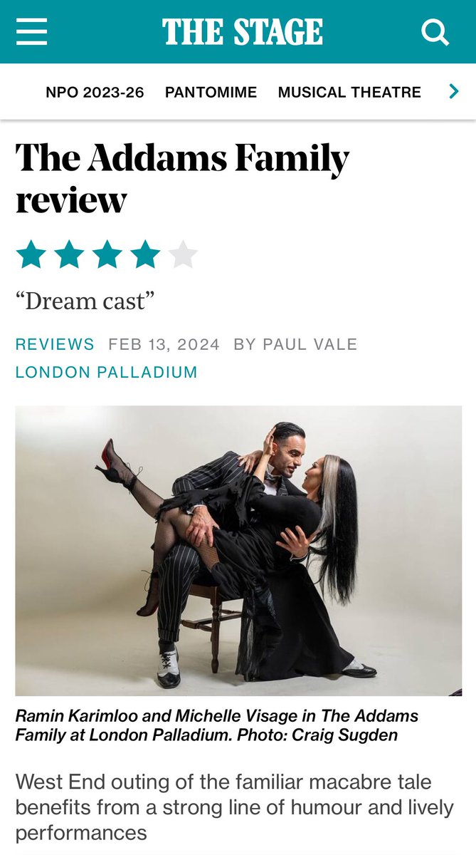 4⭐️ review in The Stage CLIENT: @AndrewHiltonMD Musical Director for The Addams Family at the London Palladium @TheStage @AddamsFamilyUK @LondonPalladium
