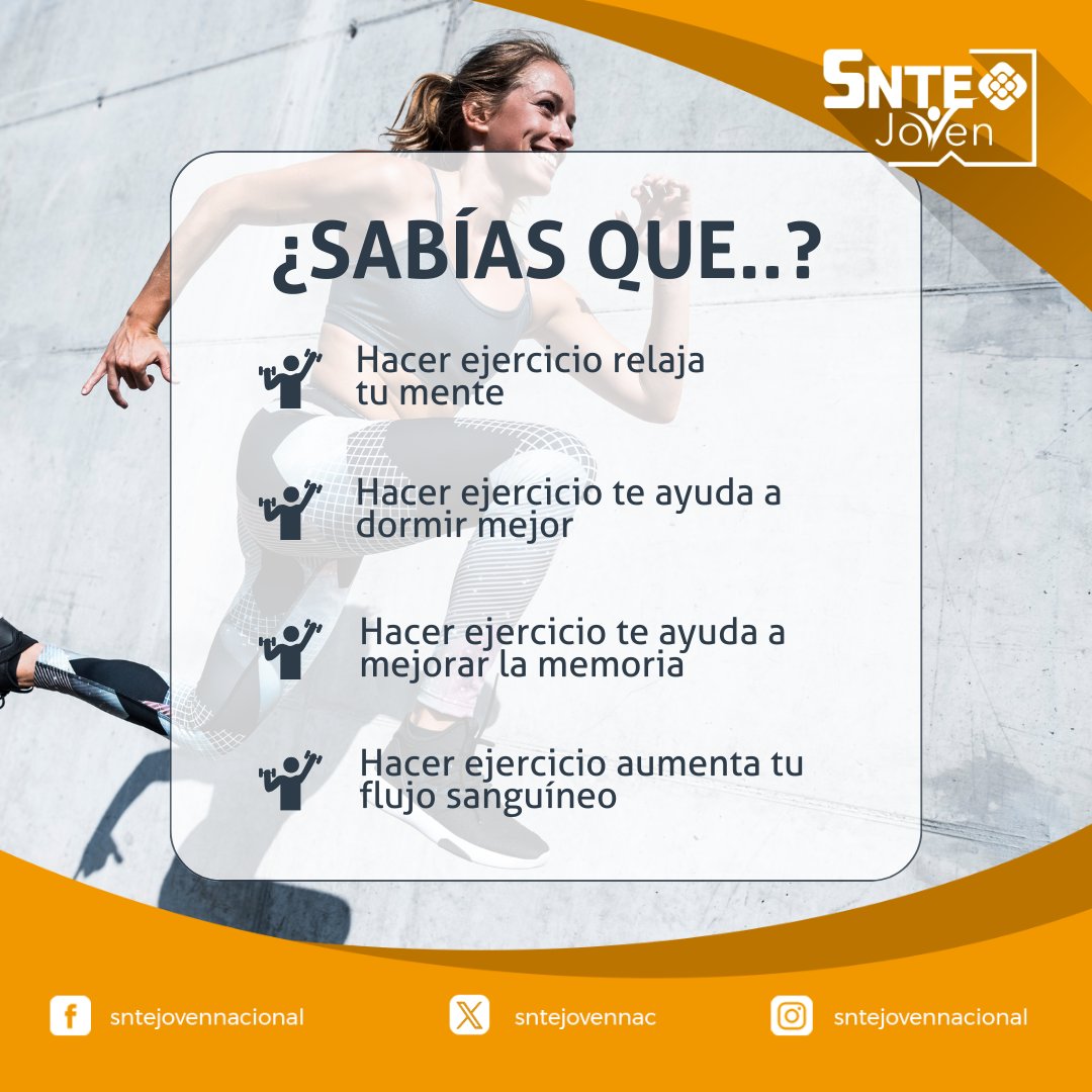 ✅ #SNTEJovenPorLaSalud🌎

¡Incorpora el ejercicio a tu rutina diaria y disfruta de todos estos beneficios! 🚴‍♂️🏋️‍♀️🧘‍♂️

#BienestarTotal #CuerpoYSalud #EjercicioParaElAlma