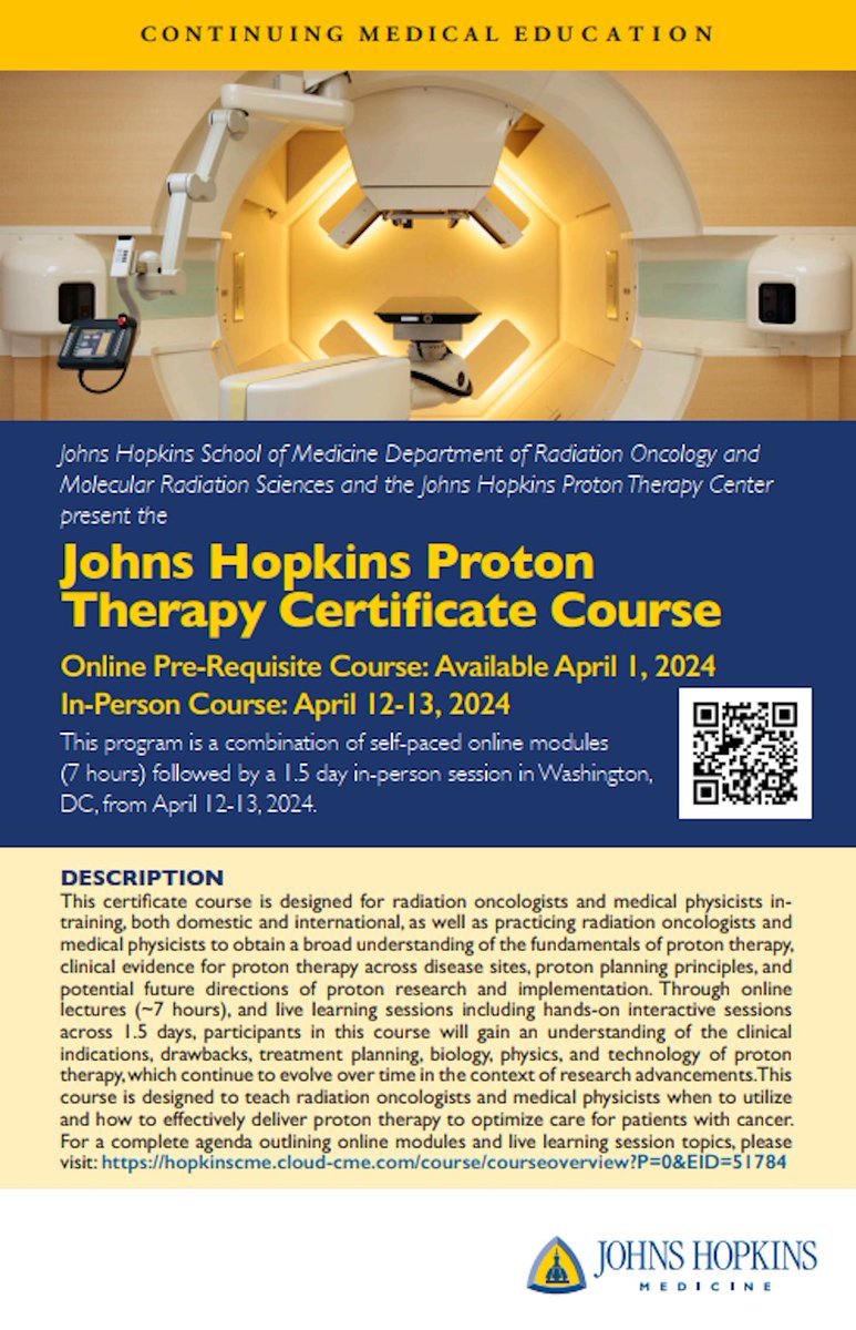 Elevate your expertise with the Johns Hopkins Proton Therapy certificate course for radiation oncologists at the @hopkinskimmel Proton Therapy Center in Washington DC. This course covers everything from basics to clinical applications. Register ➡️ bit.ly/49wiZJN