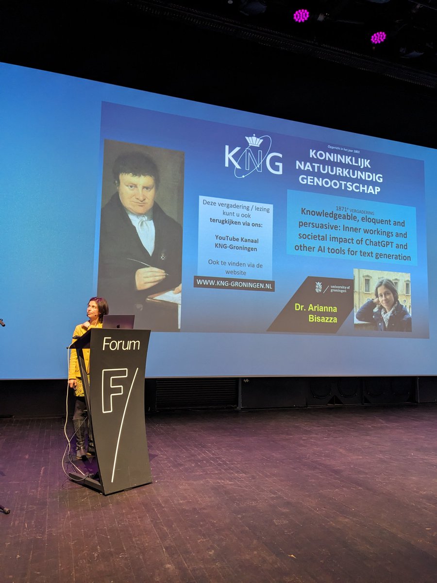 @AriannaBisazza is presenting 'Inner workings and societal impacts of AI tools for text generation' at the 1871st KNG lecture at the Groningen Forum 🔍