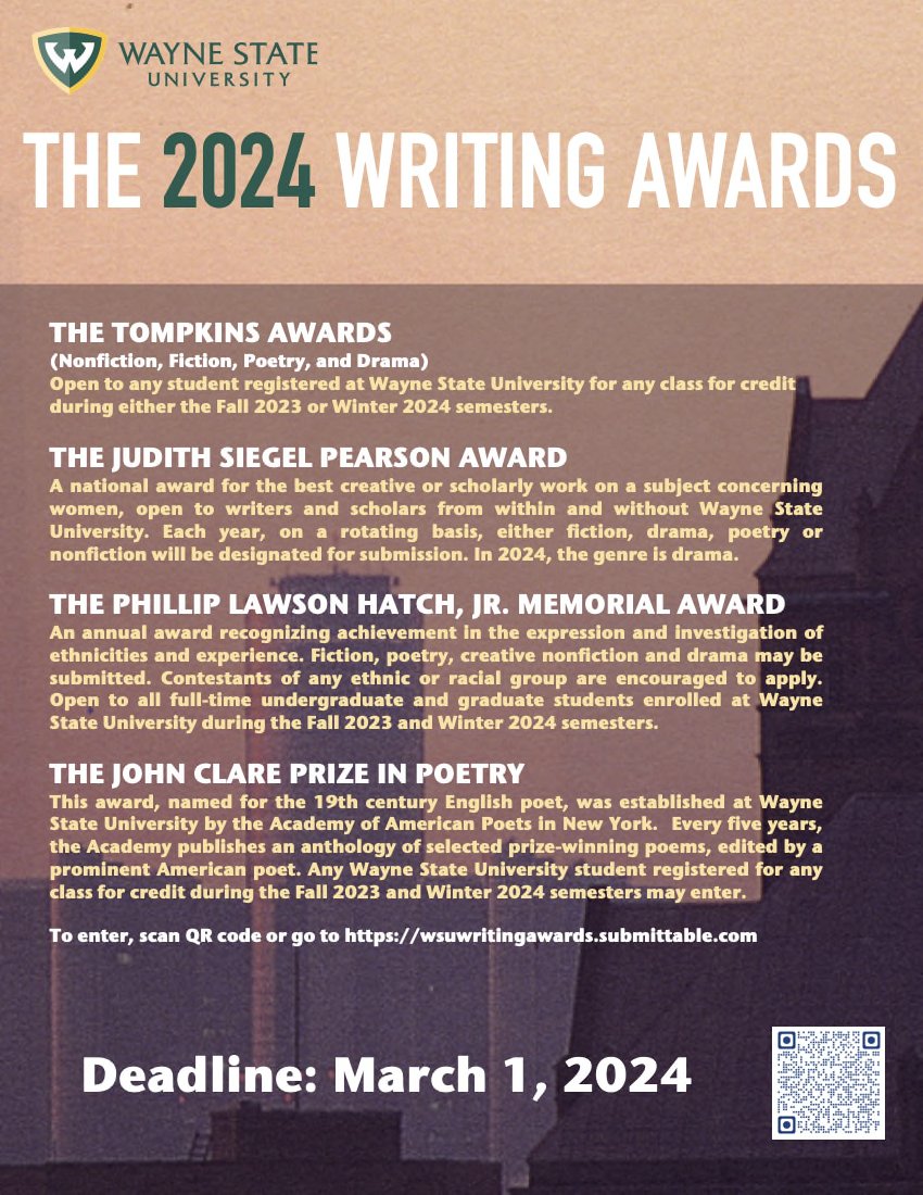 The deadline for the annual WSU Writing Awards arrives in just a few weeks. Winners will receive cash prizes and a judge’s citation. Any student enrolled at WSU in either Fall '23 or Winter '24 may compete. See our Facebook page for more information! #WSU #wsuclas #warriorstrong