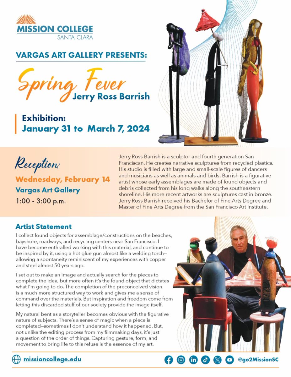 🎨 Join us for the 'Spring Fever' Exhibition Reception featuring Jerry Ross Barrish on Wednesday, Feb. 14. Explore Barrish's captivating narrative sculptures crafted from recycled plastics. 🔄