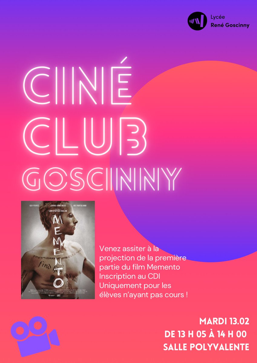 🎬 Un ciné club <a href="/lycee_goscinny/">Lycée René Goscinny</a> !
Aujourd’hui a eu lieu la première séance du ciné club du lycée, un club né de l’initiative d’un élève cinéphile plus que motivé et motivant !
<a href="/AcademieNice/">Académie de Nice</a> <a href="/DAAC_nice/">DAAC-Nice</a> #EAC #culture #Cinema