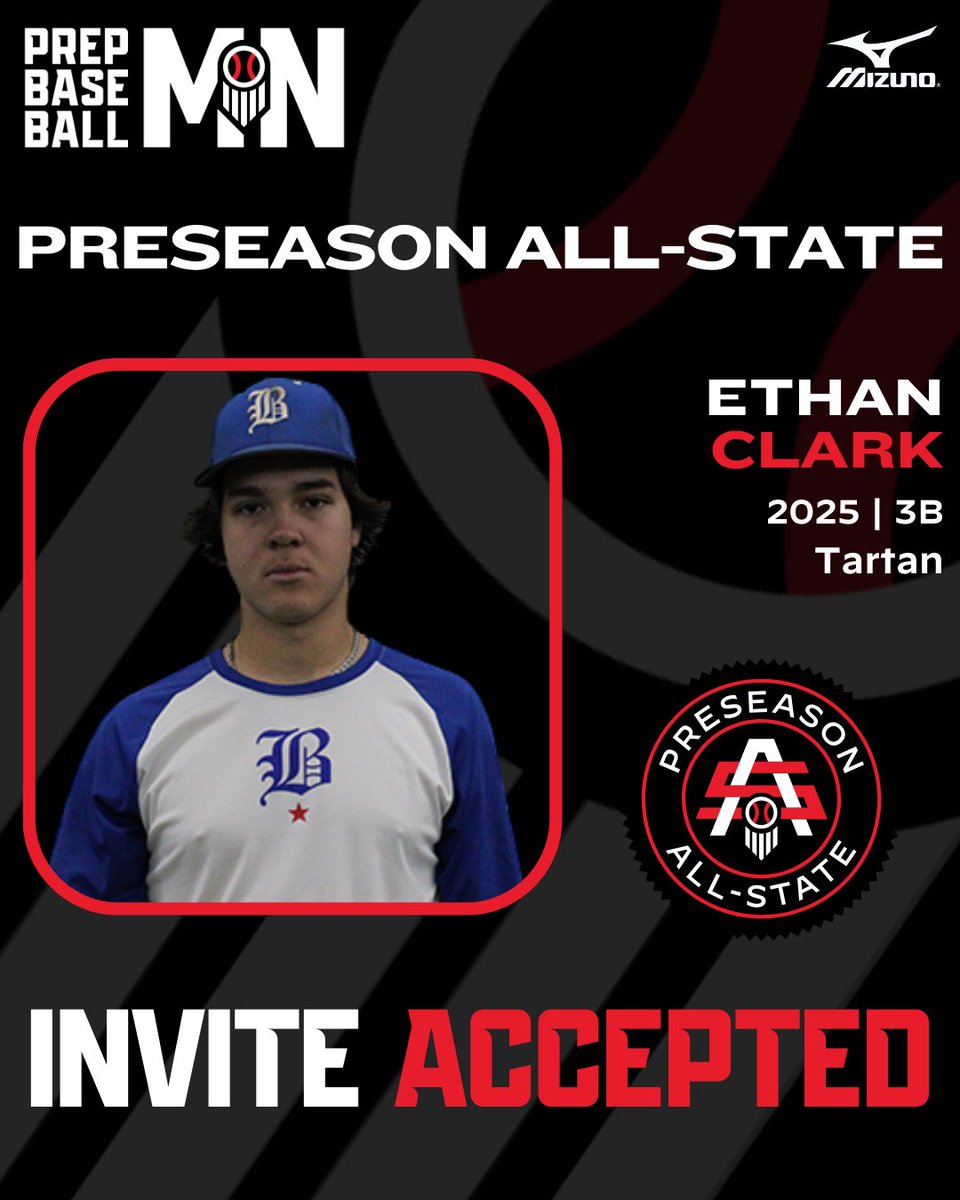 𝟐𝟎𝟐𝟒 𝐌𝐍 𝐏𝐫𝐞𝐬𝐞𝐚𝐬𝐨𝐧 𝐀𝐥𝐥-𝐒𝐭𝐚𝐭𝐞

Ethan Clark  ➡️ 𝘐𝘯𝘷𝘪𝘵𝘦 𝘈𝘤𝘤𝘦𝘱𝘵𝘦𝘥

✖️: <a href="/EthanCl85118449/">Ethan Clark</a>
⚾: 3B
🎓: 2025
📚: <a href="/TartanBaseball/">Tartanbaseball</a>
👥: <a href="/BlizzardBasebal/">Blizzard Baseball</a>

#MNPreseasonAS24

👤: loom.ly/p_koD1s