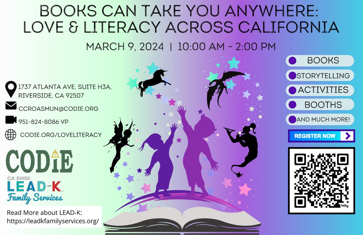 CODIEdeaf's tweet photo. Love & Literacy Across California: Books Can Take You Anywhere - A Free Event For Families with Children
Saturday, March 9, 2024, 10 am to 2 pm
Please register at https://t.co/hnibBeDbbf
#loveandliteracy #codiedeaf #LEADK #fordeafchildren #FamiliesWithDeafChildren https://t.co/Lw9M5eCpkB