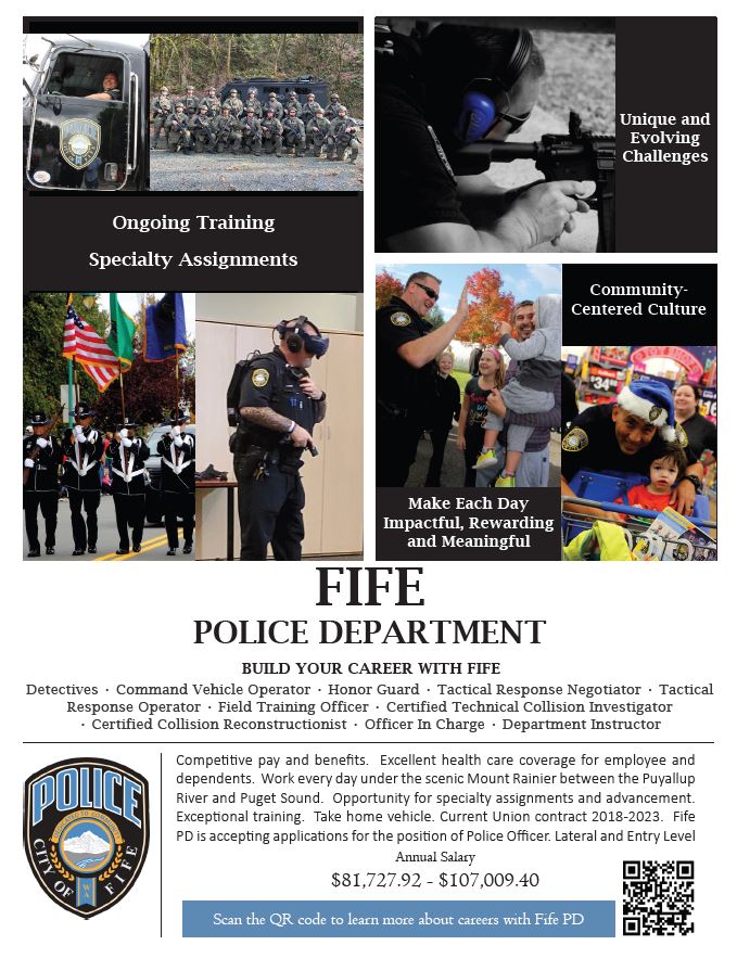FifePD's tweet photo. We may be small but we are mighty! Fife PD is proud to serve a community of about 11,000 and cover 5.7 sq miles. Fife PD has 3 Command Staff, 21 Officers, 6 Sergeants, 3 Detectives, 3 Warrant Officers, and 7 support staff. WE ARE HIRING! Lateral bonus of $10k. Apply Now! https://t.co/4YK4zkyZTx