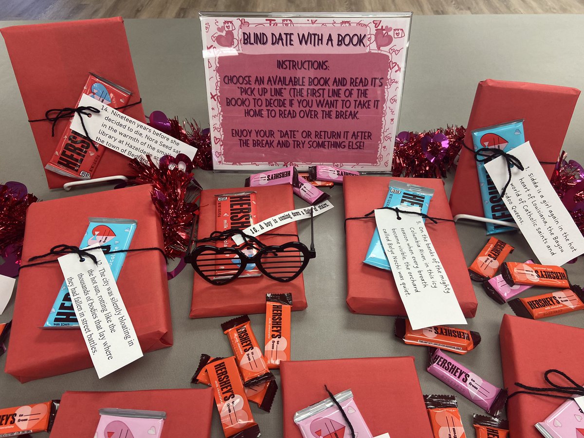 Faculty/staff “Blind Date with a Book” books and treats are ready! Who needs a good book for the break? There are some sweet reads looking for a new home! ❤️📚#firstlinepickuplines #mysteryreads #blinddatewithabook 
#Valentines2024 
<a href="/CcsdMedia/">MediaCCSD</a> <a href="/LibertyES1/">Liberty ES - Canton</a>