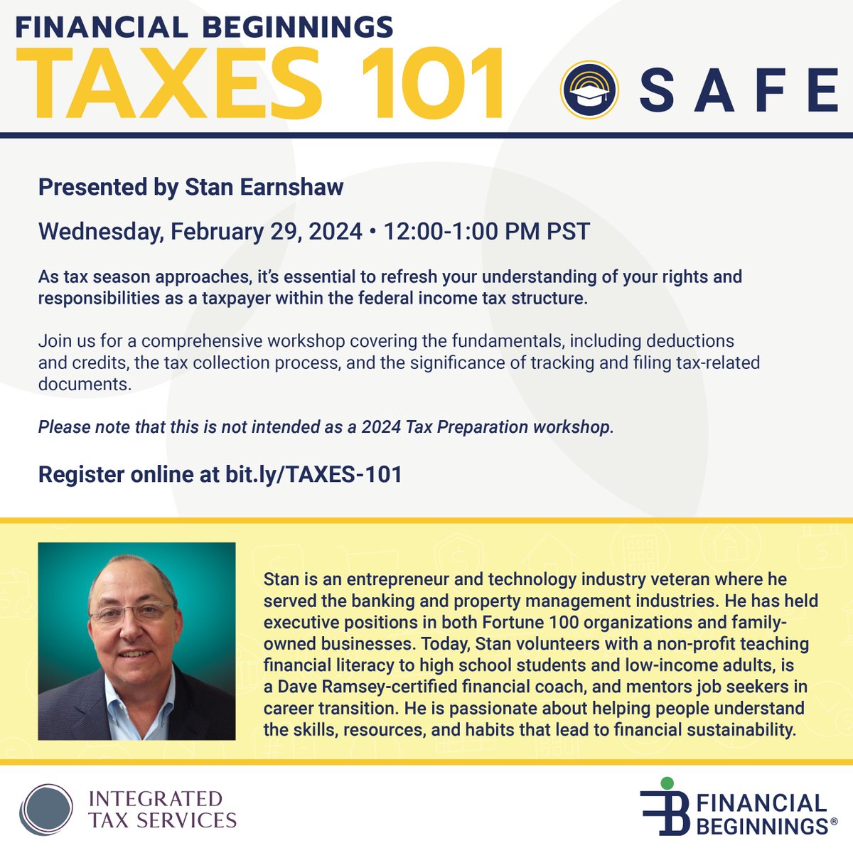 FinBegWA's tweet photo. Join Financial Beginnings and Stan Earnshaw, in partnership with Johnson Bixby and Integrated Tax Services for a community webinar, "Taxes 101"! 
Please note this is not a 2024 tax preparation workshop.

All community members can register here: https://t.co/TVmlD8Inho https://t.co/4DRGEBt75b
