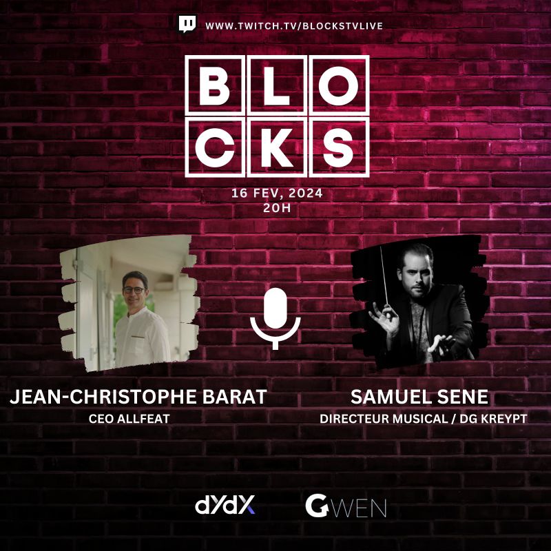Codizlow's tweet photo. 🎤 Join us on the virtual stage! 🎹 Dive into a night of innovation and music with Jean-Christophe Barat, the visionary CEO of Allfeat, and Samuel Sene, the maestro Director of Kreypt, on BLOCKS TV. Catch the livestream on Twitch this Feb 16 at 8 PM! 🚀 #TechMeetsMusic #twitchtv https://t.co/SbRmXJaUjn