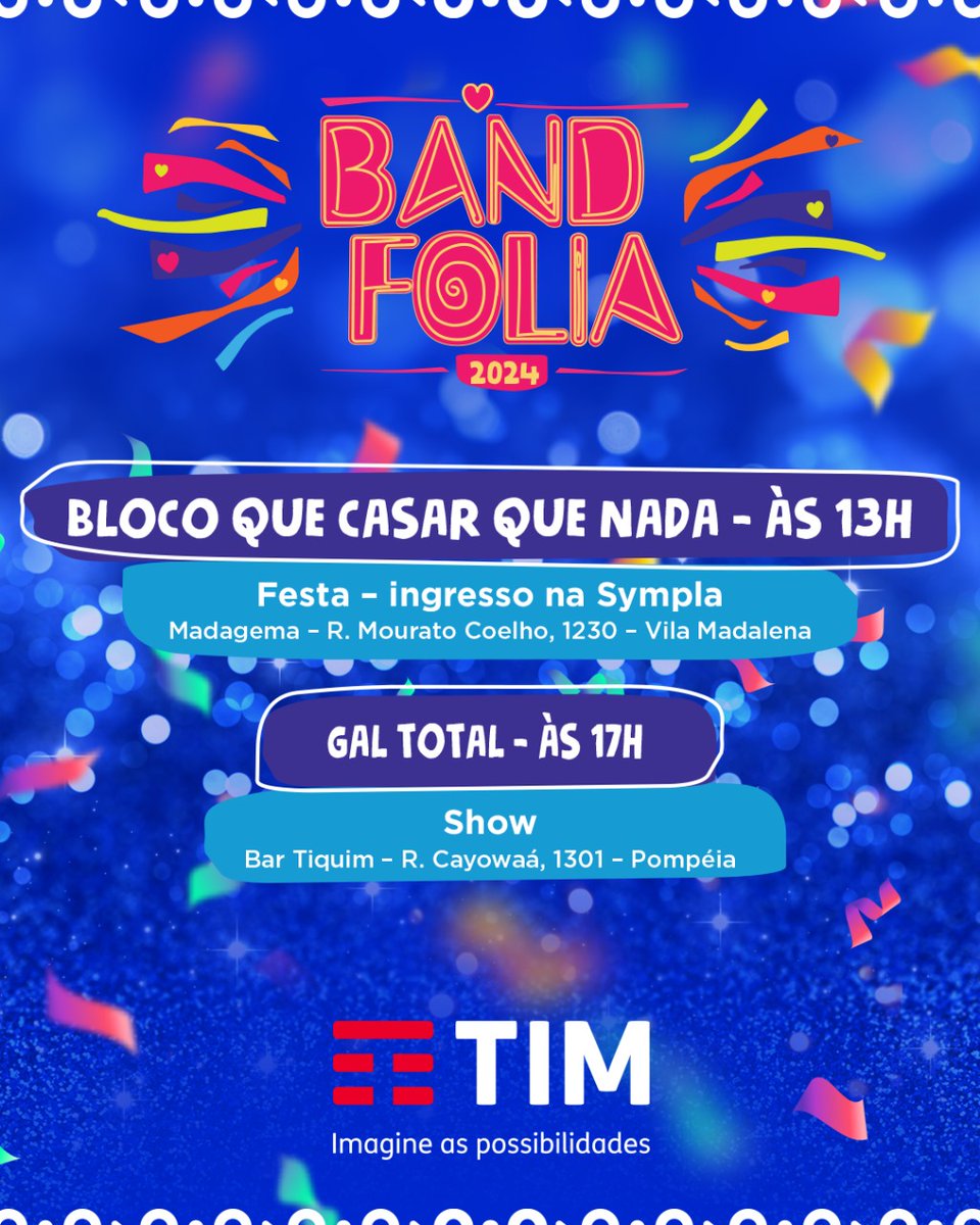 BandJornalismo's tweet photo. Acompanhe a folia em nossas redes sociais com a internet disponível no Test Drive TIM. São 30GB gratuitos para testar por até 30 dias. Confira condições em https://t.co/3o9EHiOb3g
#TestDriveTIM #BandFolia #EutoNaBand
Oferecimento: @TIMBrasil https://t.co/LEbLqcdbCN