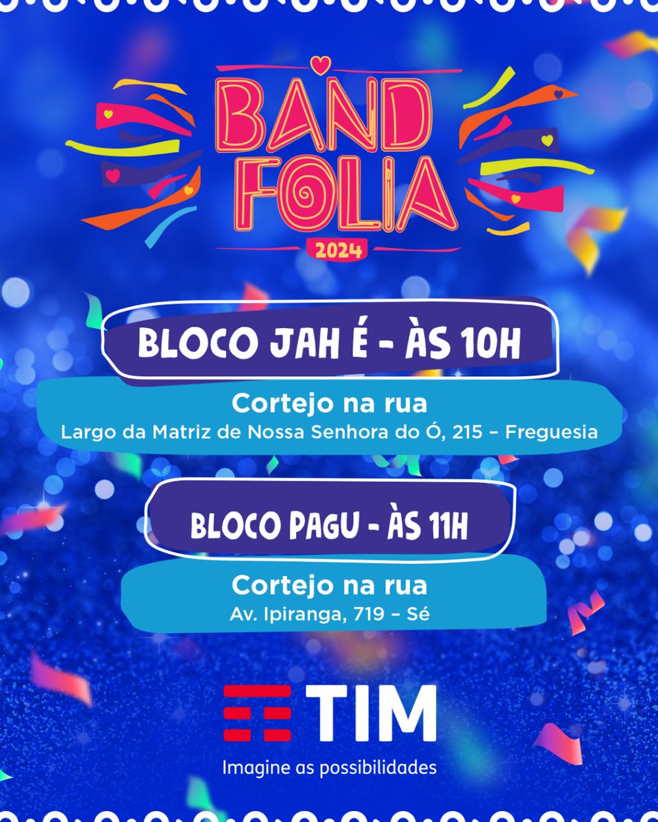 BandJornalismo's tweet photo. Acompanhe a folia em nossas redes sociais com a internet disponível no Test Drive TIM. São 30GB gratuitos para testar por até 30 dias. Confira condições em https://t.co/3o9EHiOb3g
#TestDriveTIM #BandFolia #EutoNaBand
Oferecimento: @TIMBrasil https://t.co/LEbLqcdbCN