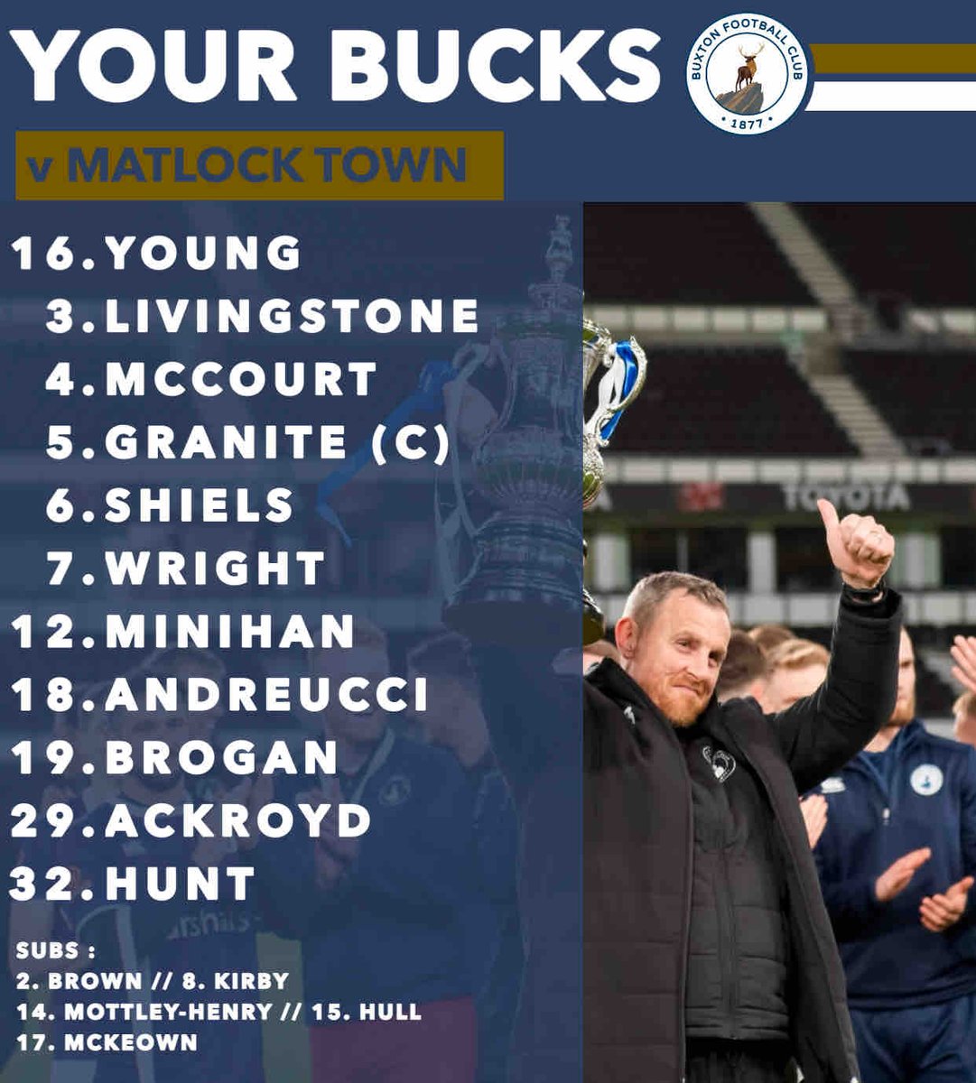 📋⚽️ | 𝗧𝗘𝗔𝗠 𝗡𝗘𝗪𝗦

New loan signing Ben Andreucci makes his Bucks’ debut, in a line-up which includes returns for captain Josh Granite and defensive partner Luke Shiels.

Max Hunt lines up alongside them in a three man defence. 

#UpTheBucks | #PrideOfDerbyshire