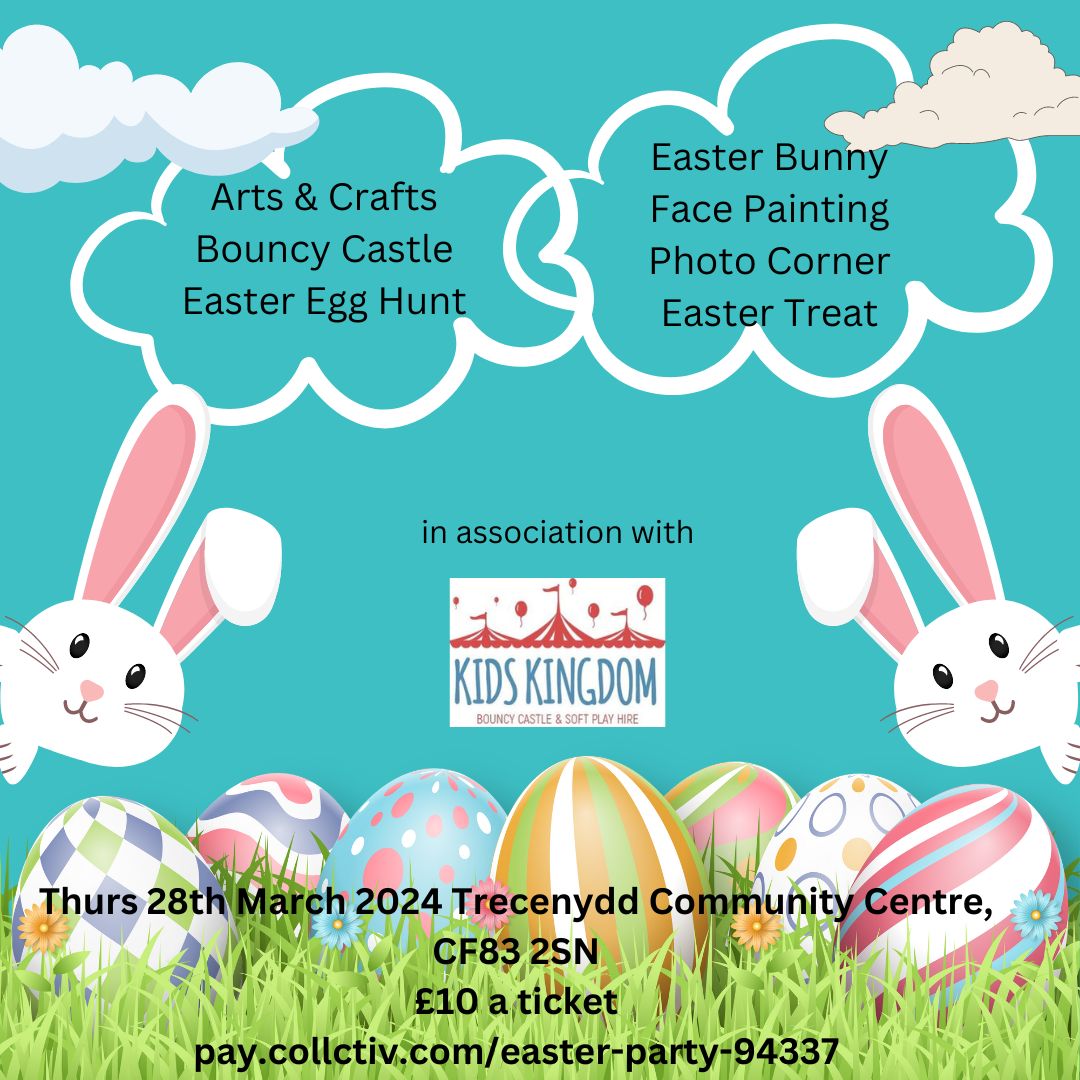 1/2 We're having an Easter party at
Trecenydd Community Centre, CF83 2SN on Thur
28th March 2024 10am - 12pm. This is a ticket only
event & limited availability. £10 per child over the age
of 1 (adult included) We have arts & crafts, an Easter
egg hunt & even a visit from the ...