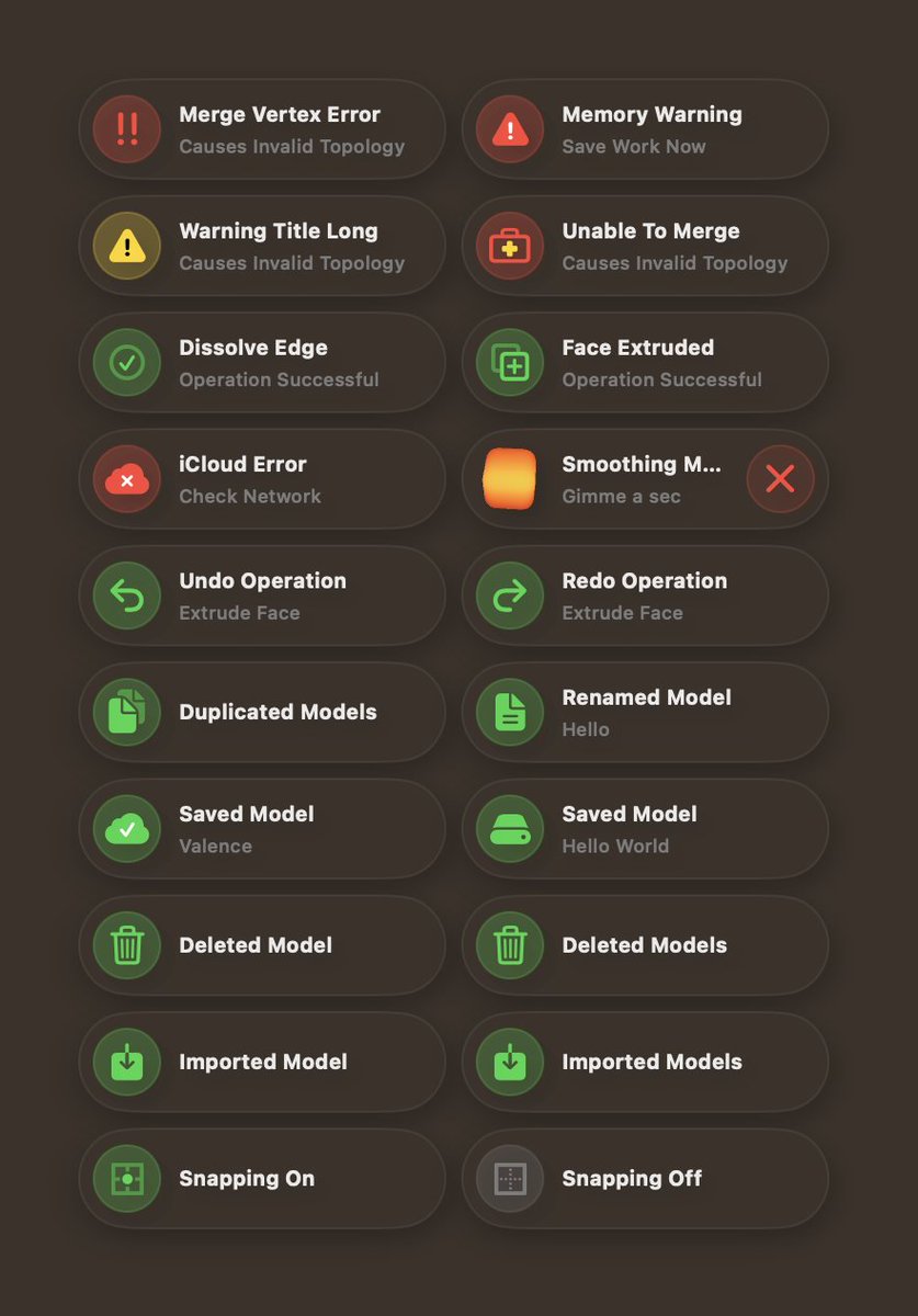 Made a bunch of custom lil toasts for something. To me #SwiftUI is the ultimate interface design tool. That coupled with @Sketch for making custom vector icons you can make a lot of magical things. The little cube is a custom metal view.