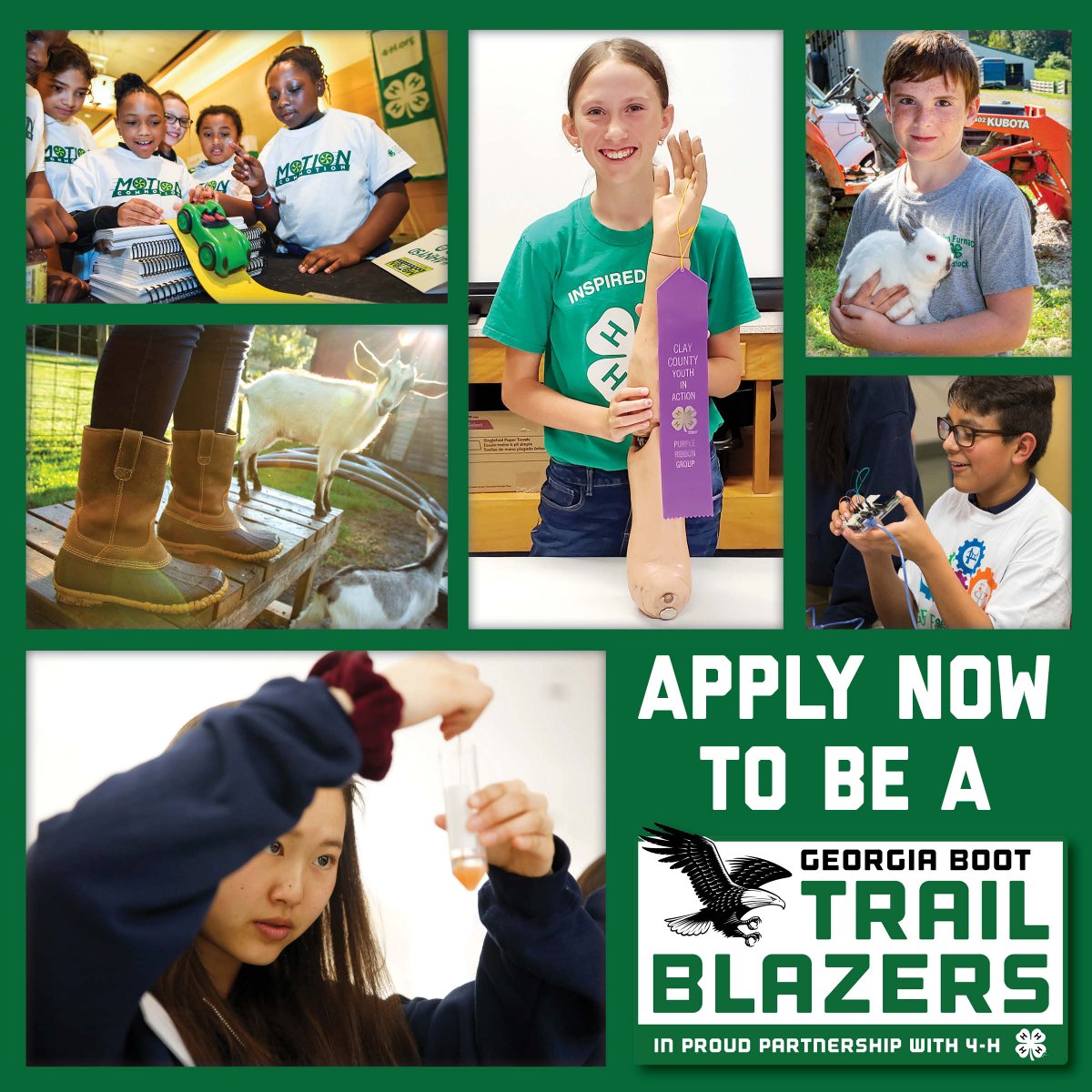 Texas4H's tweet photo. Calling all 4-H'ers! Want to show off your @4H project? Apply for the 2024 Georgia Boot Trailblazer Contest. @GeorgiaBoot is looking for four enthusiastic #4Hers to share their 2024 project journeys with the Georgia Boot audience. Link in bio to learn more! #GBTrailblazers https://t.co/fwhS7nrDOv