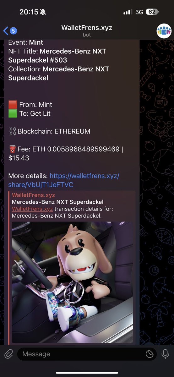 WalletFrensXYZ's tweet photo. Next @MercedesBenzNXT Superdackel #NFT coming in… WalletFrens Telegram Alert worked perfectly 🔥🔥🔥 I like this little #Superdackel ❤️🔥❤️🔥❤️🔥 https://t.co/iQIwozHeR7