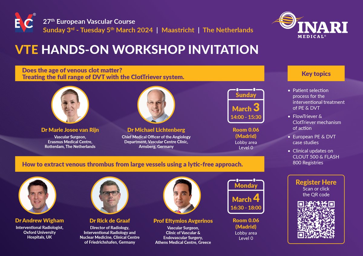 InariMedical's tweet photo. Join us at #EVC2024 to learn more about the benefits of mechanical #thrombectomy when treating #DVT &amp; #pulmonaryembolism, hear the latest clinical updates &amp; more!

See you in Maastricht! https://t.co/38TBM0Z0b7