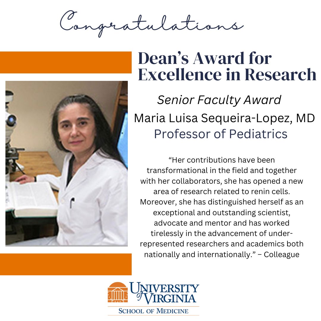 Congratulations to Dr. Maria Luisa Sequeira-Lopez, MD, a 2023 Senior Faculty Award recipient for the Dean's Award for Excellence in Research.