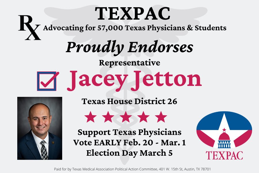 TEXPAC (@texmedpac) on Twitter photo TEXPAC proudly endorses <a href="/JaceyJetton/">Jacey Jetton</a> for his re-election! Thank you for your support of #texmed physicians! Early voting starts Tuesday, February 20th. TEXPAC proudly endorses <a href="/JaceyJetton/">Jacey Jetton</a> for his re-election! Thank you for your support of #texmed physicians! Early voting starts Tuesday, February 20th.