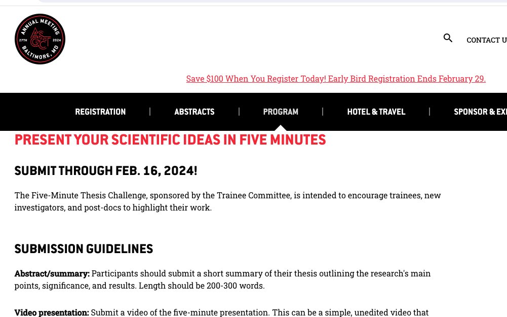 Trainees going to ASGCT 2024? Submit a five minute thesis challenge by Friday for the chance to speak at the annual meeting and receive a travel award!

annualmeeting.asgct.org/program/five-m…