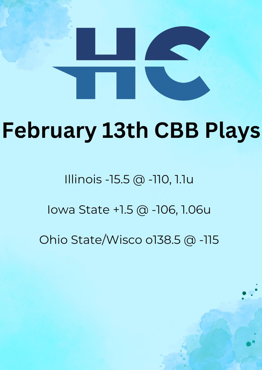 HuckyCorpHucky's tweet photo. My #CBBPicks are locked in for today's slate! After a long morning in the lab, I'm looking to get a 3-0 #CBB sweep 🫡
Illinois -15.5 @ -110
Iowa State +1.5 @ -106
Ohio State/Wisconsin o138.5 @ -115
Leave a ♥️ if tailing and be on the lookout for my #NBAPicks dropping soon!
@FreeBetRetweets
#GamblingTwitter #GamblingX #GamblingCommunity #BettingTips #FreePlays