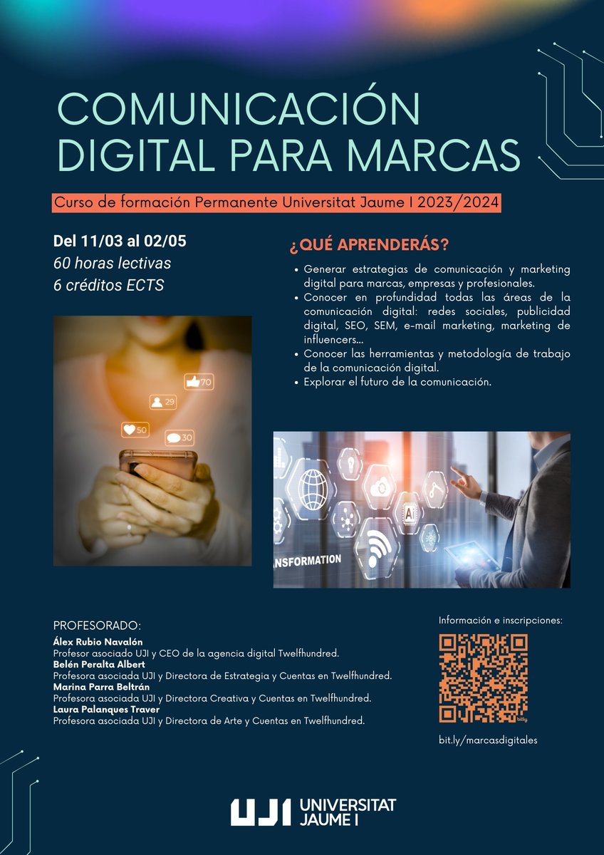 ▶️ Abierto plazo para inscripciones en el curso 'Comunicación digital para marcas' en la <a href="/UJIuniversitat/">Universitat Jaume I</a>.

❗️ Plazas limitadas. El curso empieza en marzo. Abierto a público general, estudiantado UJI y AlumniSAUJI Premium.

🔗 Info e inscripciones: bit.ly/marcasdigitales