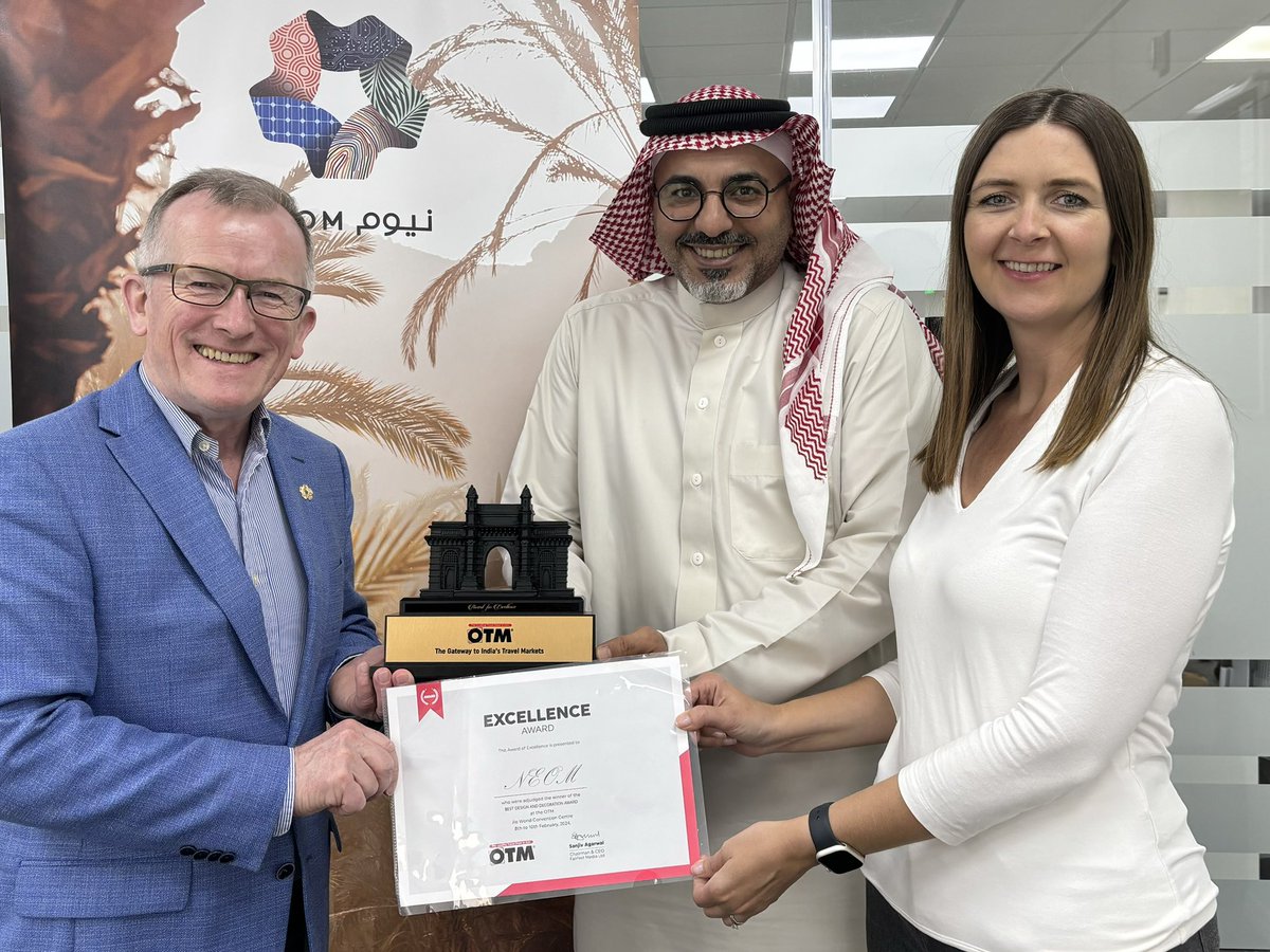 Delighted that our NEOM stand won ‘Best Design’ award at the OTM Travel Trade Show in India last week. Great to welcome back my colleagues AbdulAziz AlSanousi and Cherith Speers with the award in tow. Well done Team NEOM. #NEOM