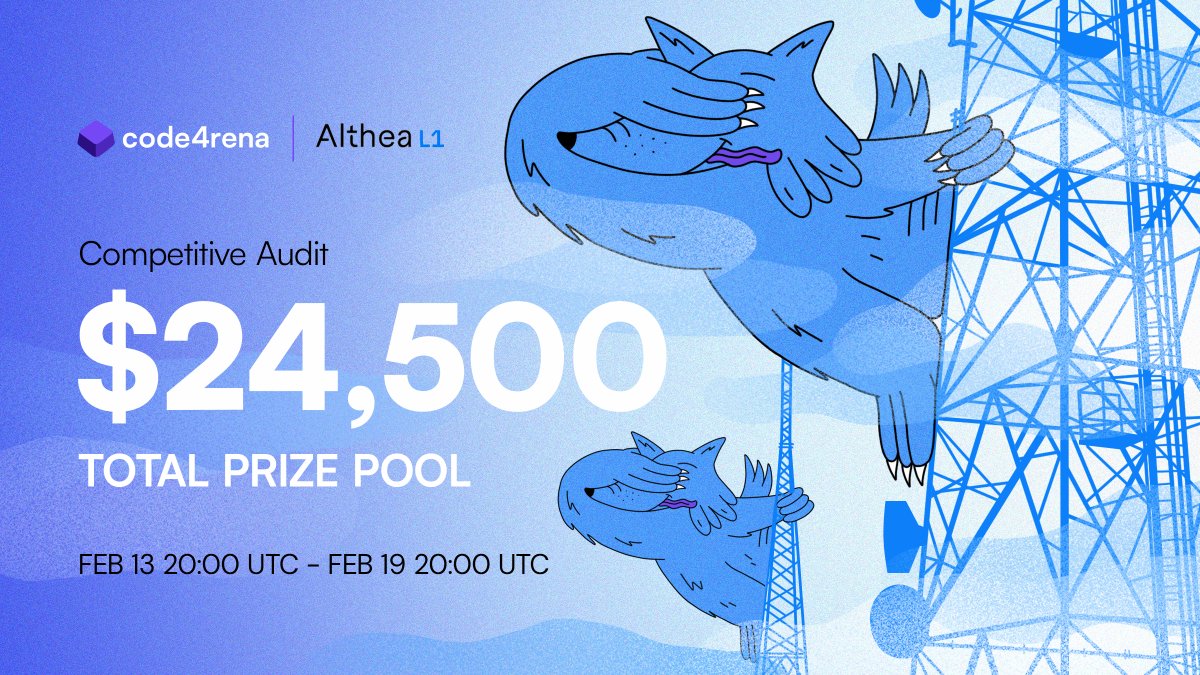code4rena's tweet photo. Wardens, it’s time to put your skills to good use…
The @AltheaNetwork audit is live, and $24,500 USDC is up for grabs! 🗼
Get started securing their Hybrid EVM blockchain here: https://t.co/DMFVymi4WY https://t.co/guK8tHpKES