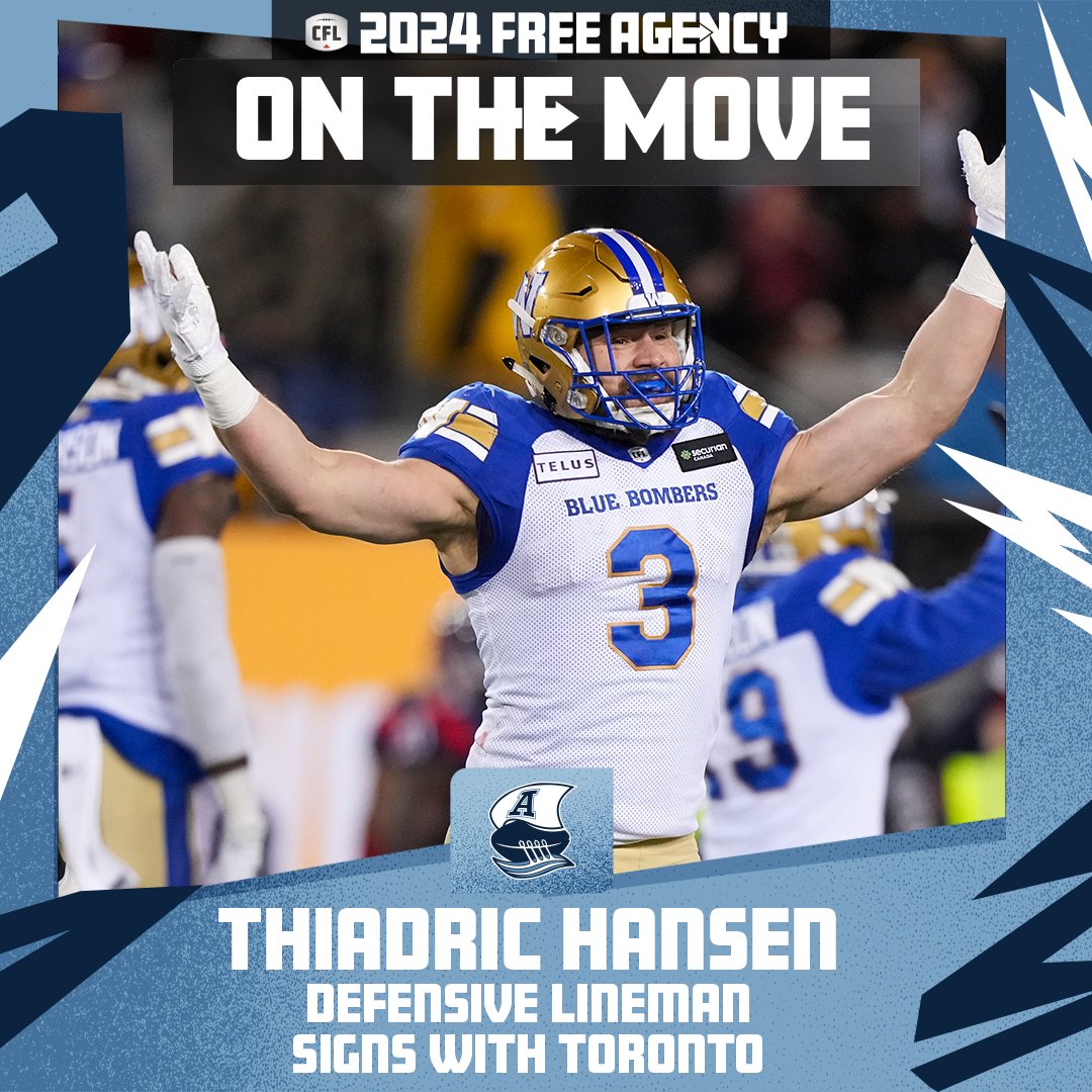 CFL's tweet photo. 🌏 DL, Thiadric Hansen has signed with the @TorontoArgos:

#CFLFA https://t.co/j8PmQAlG44