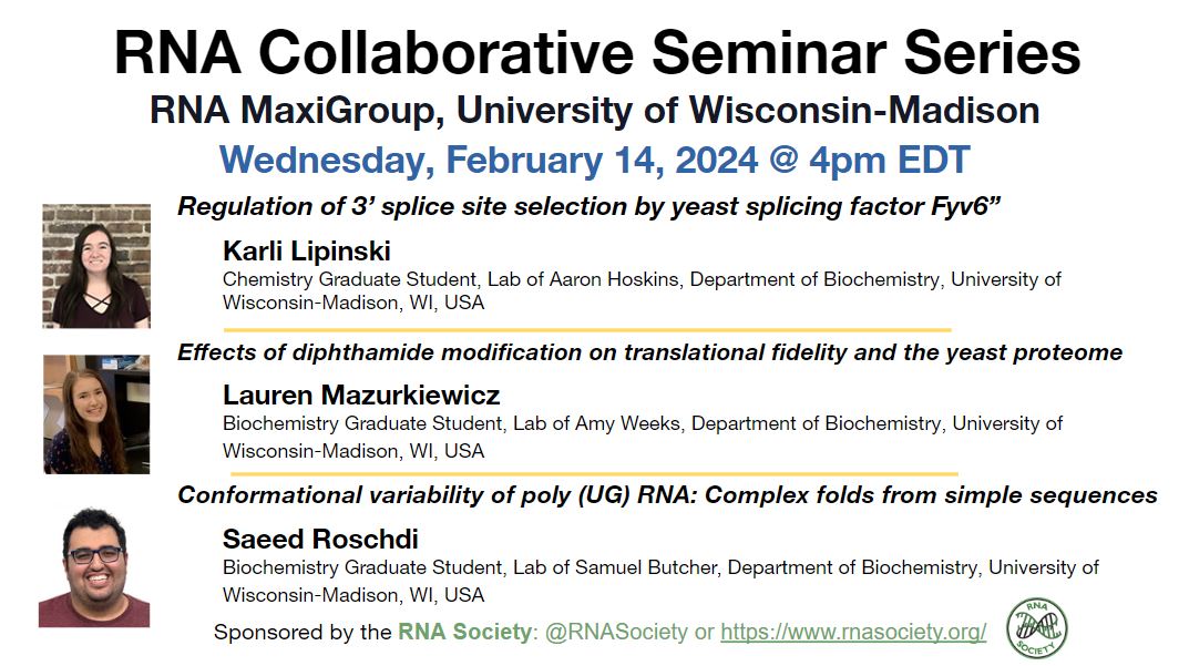 Please join our next virtual RNA Collaborative Seminar on Feb 14 at 4 PM EST hosted by RNA MaxiGroup, Univ. of Wisconsin-Madison! To register: us02web.zoom.us/webinar/regist…