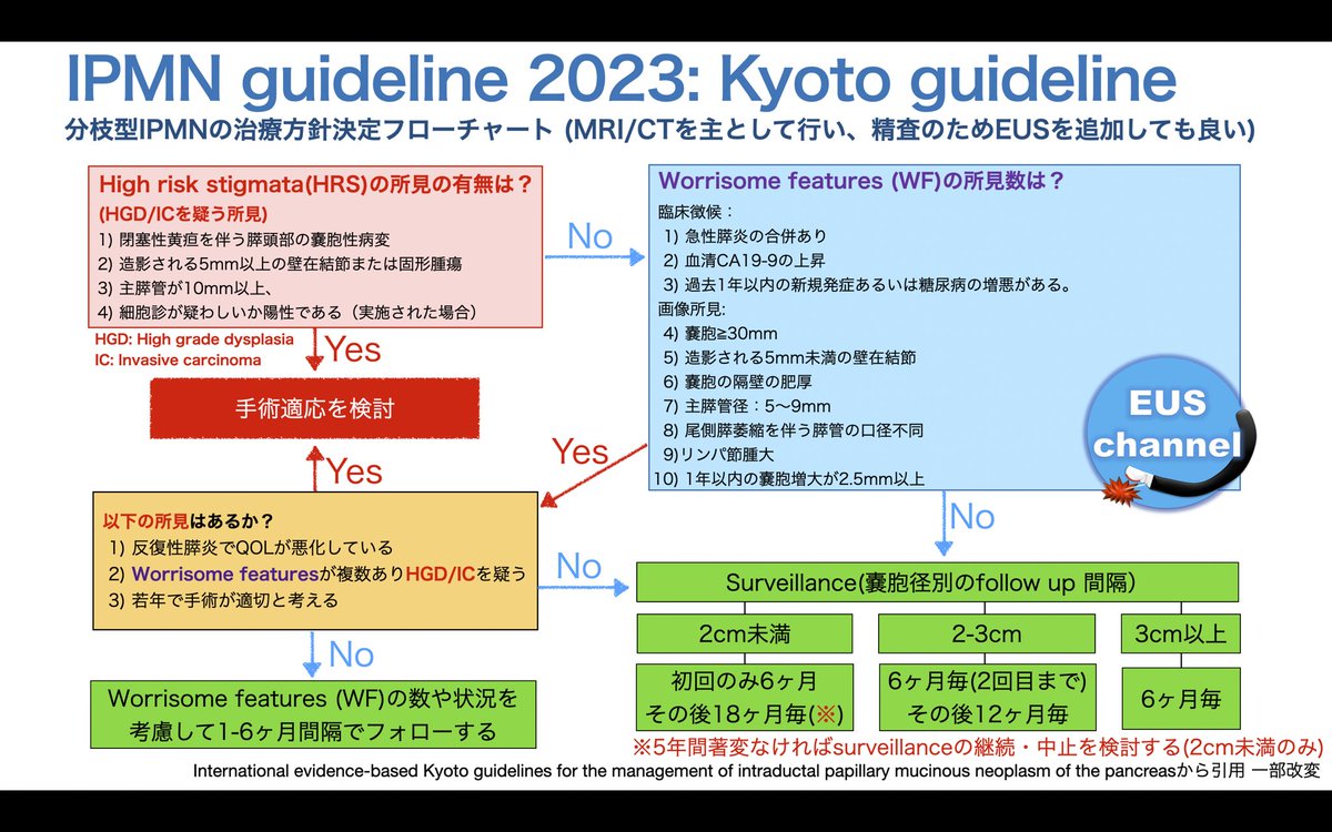 今回の最大の改訂ポイントは、
2cm以下の膵嚢胞はサーベイランスを5年で終了しても良いという点でしょうか。(図をアップデートしました)