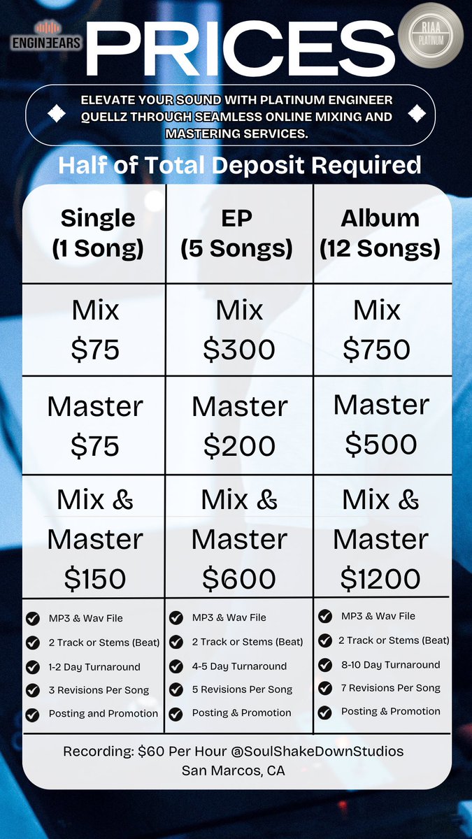 Are you looking for an engineer that can give you industry standard mixes with quick turnarounds? Look no further! Message me to learn more! Give your music a new energy and release it!#IndependentArtists #RecordLabels #AudioEngineer #MixAndMaster #NewMusic