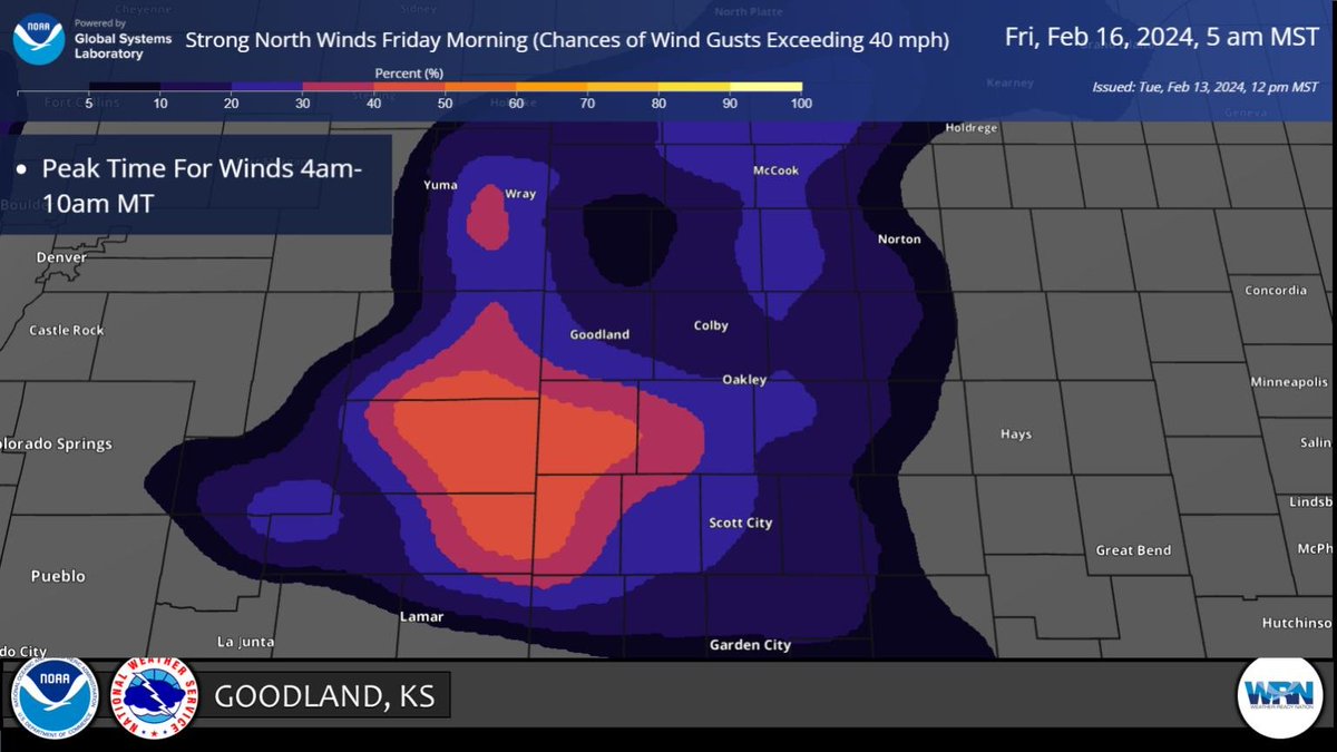 Strong winds due to a cold front are forecast early Friday morning. A 20-30% chance for wind gusts exceeding 40 mph applies to most of the area with the better chance south of I-70. #kswx #cowx #newx