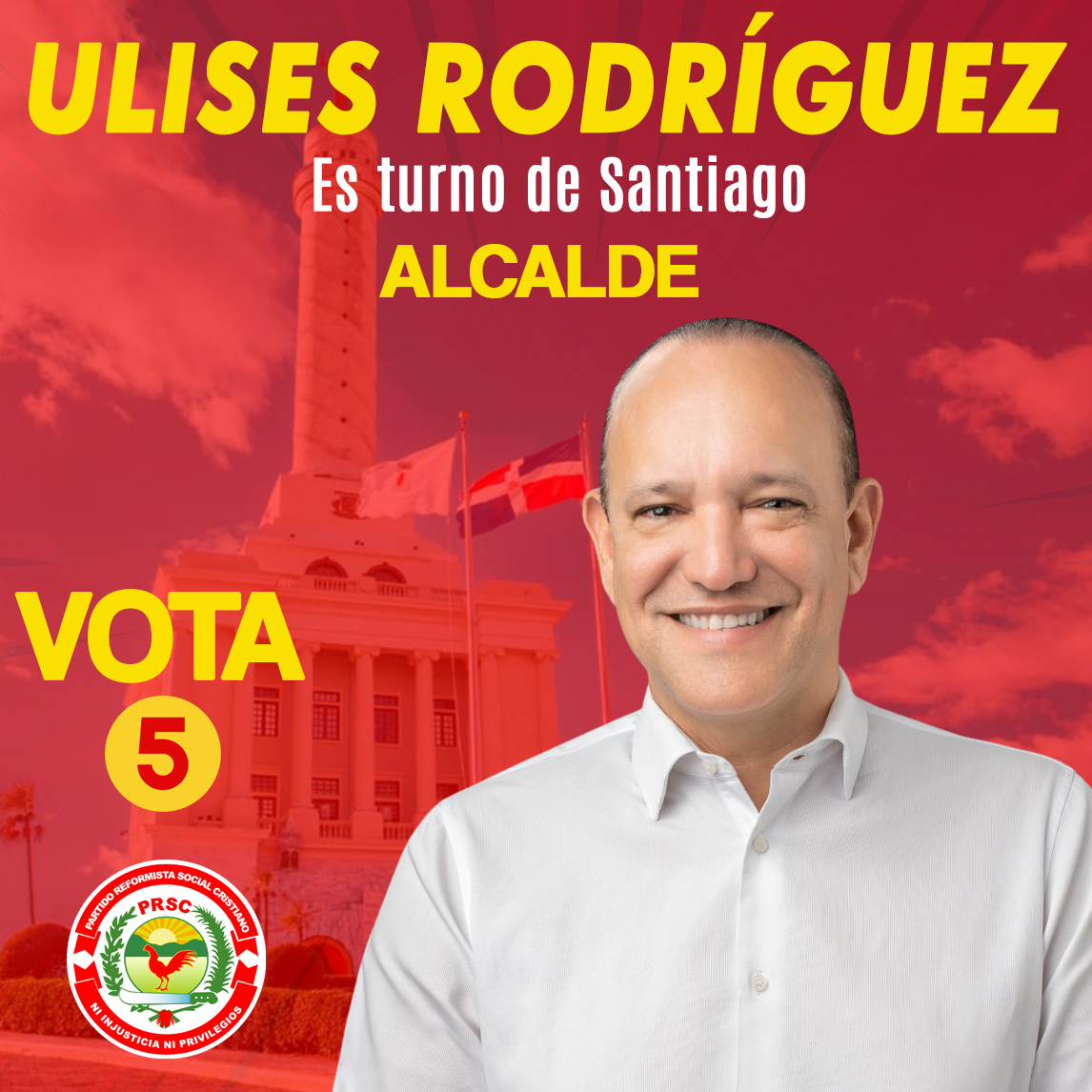 PartidoPRSC's tweet photo. ¡Es turno de Santiago! @ulisesrodg Alcalde por Santiago. #Vota5 #VotaColorao #UlisesAlcalde #LaCiudadCorazon #Santiago #LuisPresidente #APasoDeVencedores https://t.co/W1kA3RbyGj
