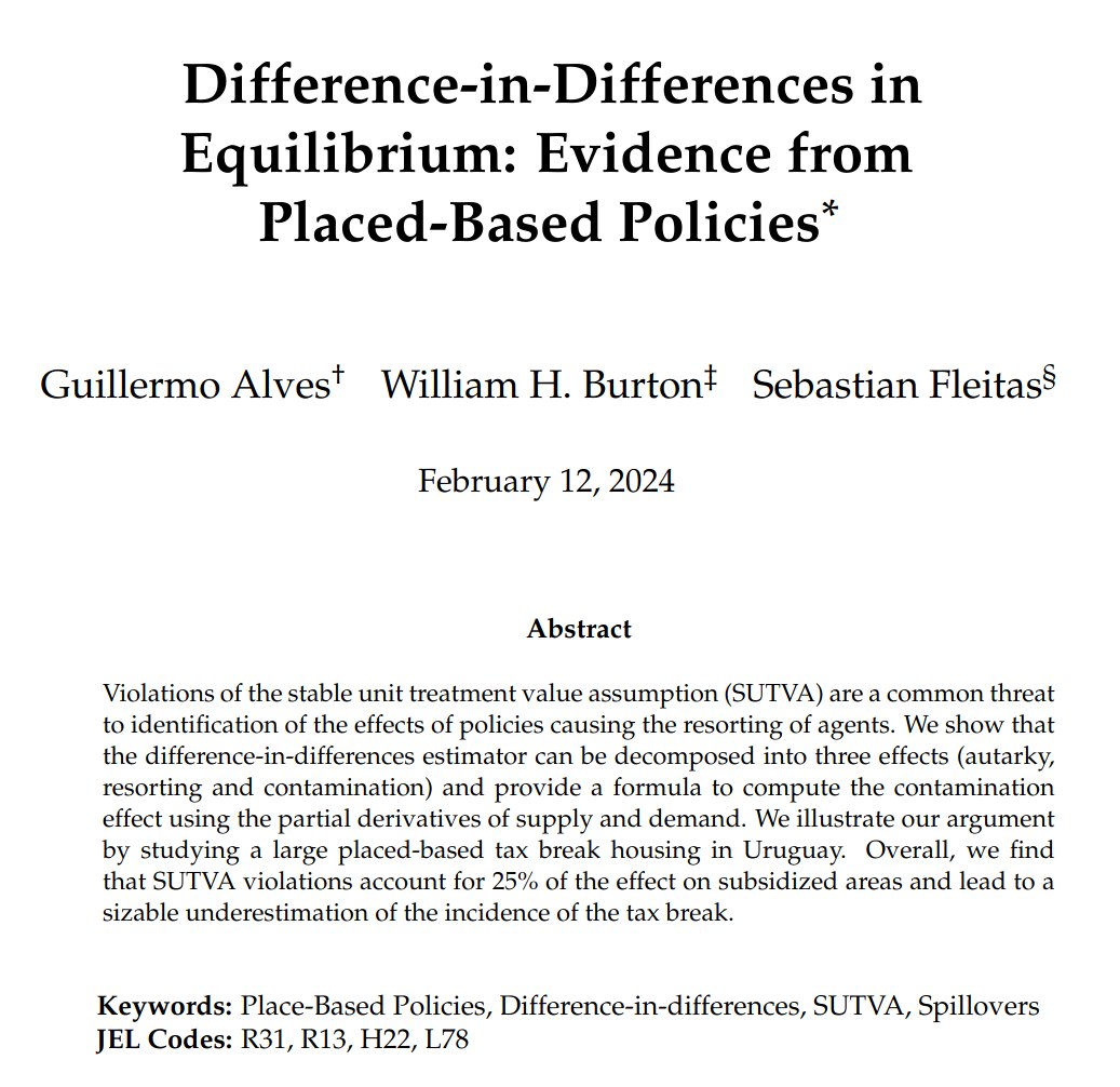 📣New WP alert📣 @guillermo_alves, @wh_burton and I study Differences-in-Differences under SUTVA violations caused by resorting of agents btw treatment & control. We offer a bridge btw reduced-form & structural approaches & propose guidelines for applied research. #DiD 🧵1/n