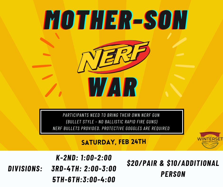 The annual Mother-Son Nerf War is approaching and there are only a few more days register! Register here: tinyurl.com/bdfujjsn