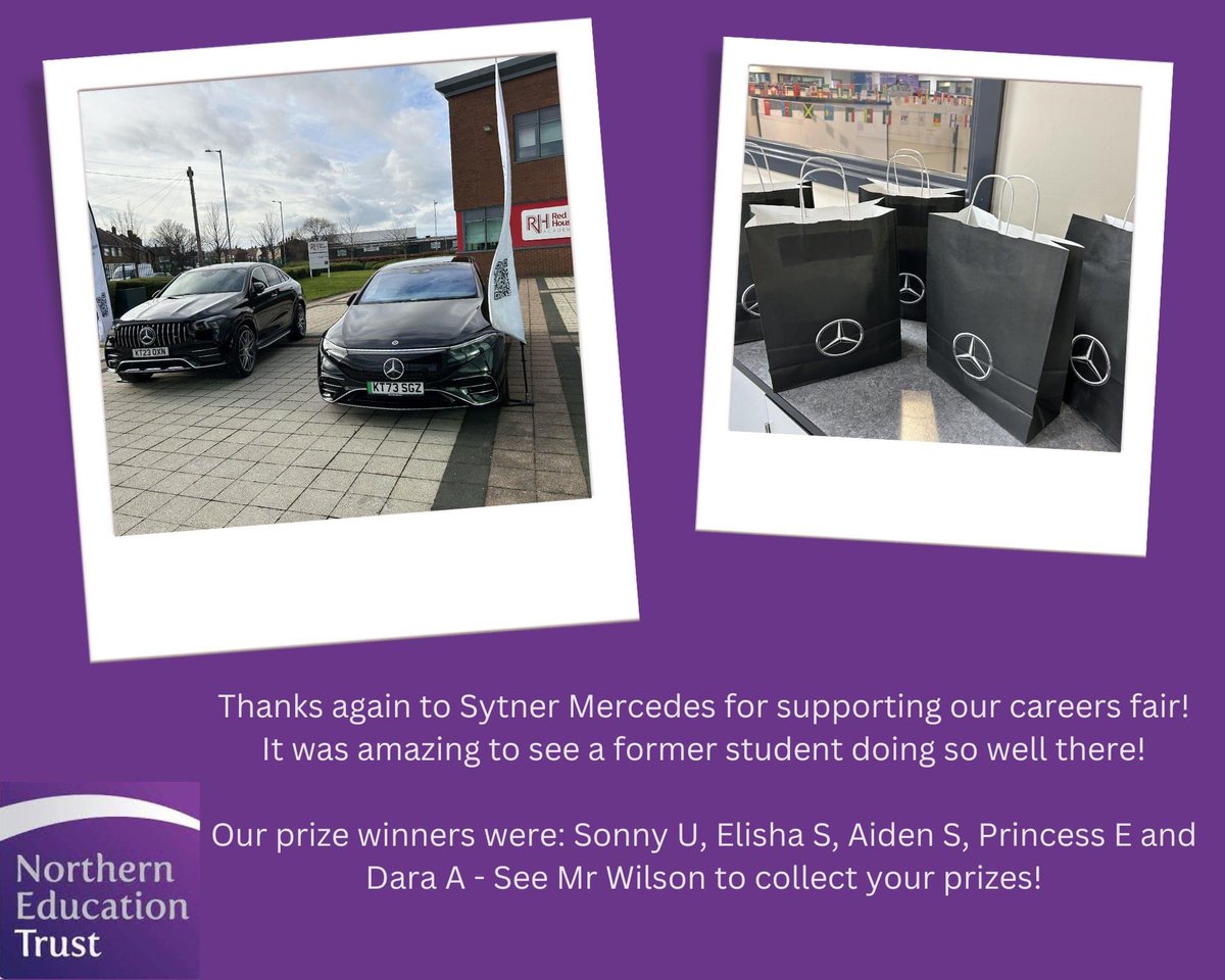 Thanks again to Sytner Mercedes for supporting our careers fair! It was amazing to see a former student doing so well there! Our prize winners were: Sonny U, Elisha S, Aiden S, Princess E and Dara A - See Mr Wilson to collect your prizes!