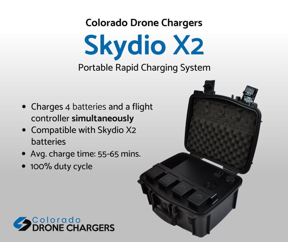 Charger highlight! Our Skydio X2 Portable Rapid #Drone Charging System. 

Shop here 👉 buff.ly/3OGnLfL 

#drones #dronelife #droneaccessories #UAVs #commercialdrones #skydiox2 #coloradodronechargers