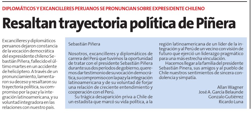 Paz_ZarateB's tweet image. 🇵🇪🇨🇱Conmovedor e inusual homenaje:
Cuatro ex Cancilleres de Perú destacan la vocación democrática y compromiso del ex Presidente @sebastianpinera con la paz y la integración latinoamericana, y su vocación de "forjar una relación de creciente entendimiento y cooperación" con Perú.