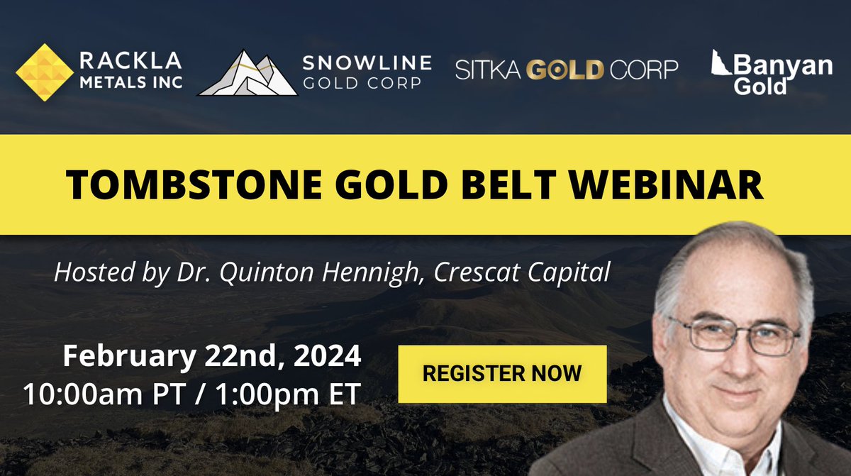 Focus Communications IR (@focus_ir) on Twitter photo 📢 Attention all #gold bugs!
Join us at next week's Tombstone Gold Belt webinar as <a href="/SnowlineGold/">Snowline Gold</a>, @racklametals, <a href="/BanyanGold/">Banyan Gold Corp</a>, and <a href="/SitkaGoldCorp/">Sitka Gold Corp</a> will join Dr. Quinton Hennigh in a panel discussion on this up-and-coming gold camp!
Register today! bit.ly/3urnJBy 📢 Attention all #gold bugs!
Join us at next week's Tombstone Gold Belt webinar as <a href="/SnowlineGold/">Snowline Gold</a>, @racklametals, <a href="/BanyanGold/">Banyan Gold Corp</a>, and <a href="/SitkaGoldCorp/">Sitka Gold Corp</a> will join Dr. Quinton Hennigh in a panel discussion on this up-and-coming gold camp!
Register today! bit.ly/3urnJBy