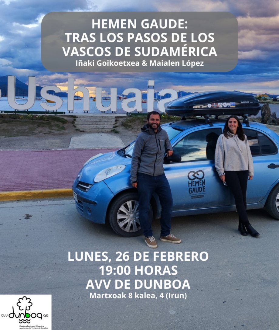 hemengaude_eus's tweet photo. 🚙 Otsailaren 26an, astelehena, arratsaldeko 19:00etan gure bidaiaren inguruko hitzaldi berria emango dugu, gaztelaniaz, Irungo Dunboako auzo elkartean. Sarrera libre edukiera bete arte

#hemengaude https://t.co/OO14tgL6CX