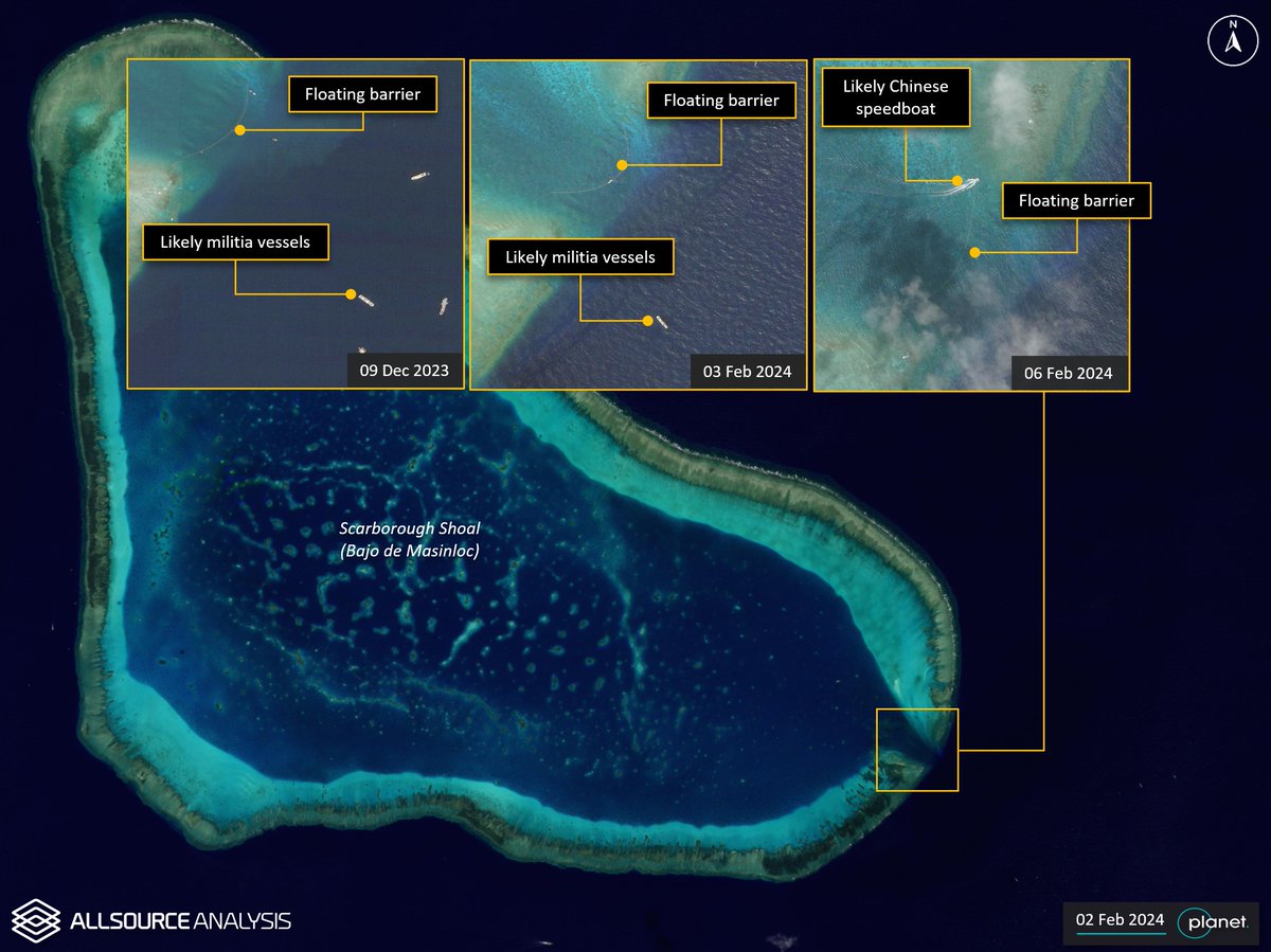 GEOINT analysis from December 2023 – February 2024, of the Scarborough Shoal in the South China Sea reveals recurring use of floating barriers at the feature. bit.ly/2oeCGCj #GEOINT #SouthChinaSea #ScarboroughShoal #China #Philippines