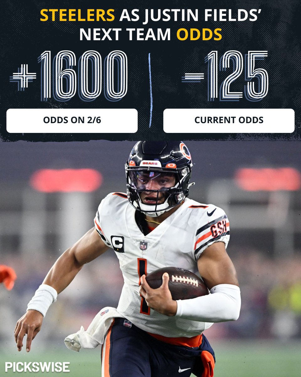 Pickswise's tweet photo. Steelers are NOW the favorite to land Justin Fields @DKSportsbook 👀 https://t.co/mx9BZMsxeN