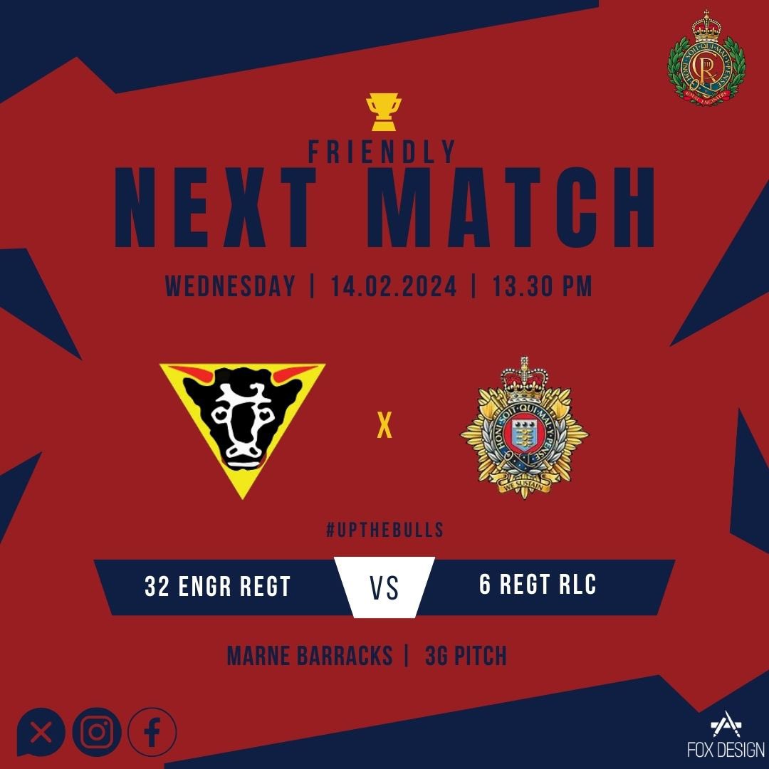 32_Engr_Regt_FC's tweet photo. We are back to face @6RegtRLC in a friendly game on Marne Barracks 4G pitch tomorrow. Kick-off 1330hrs.
After a break for #OPTEAMWORK the 32 Bulls are back in action, utilising this opportunity to give the entire squad playing time.
#utb @sapperfootball @Armyfa1888 @RLC_FA 🤘🏻 https://t.co/DXXlYtVOxR
