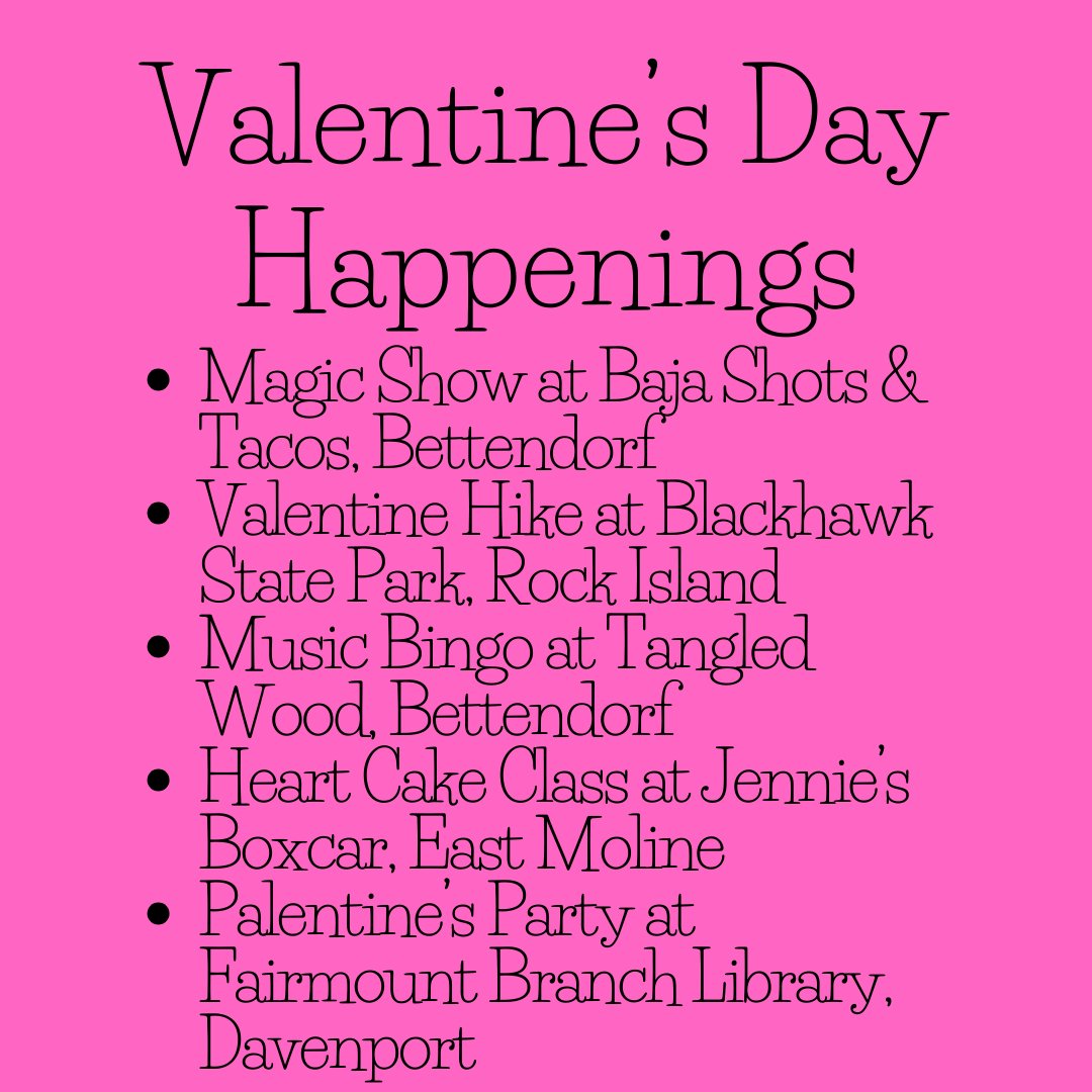 ThomasREQCA's tweet photo. If you or your family are looking for a way to do something special for Valentine’s Day, there are many family friendly events in the QC tomorrow.
#quadcities #qcthatswhere #valentinesday #familyfun https://t.co/JWjvc7hNnL