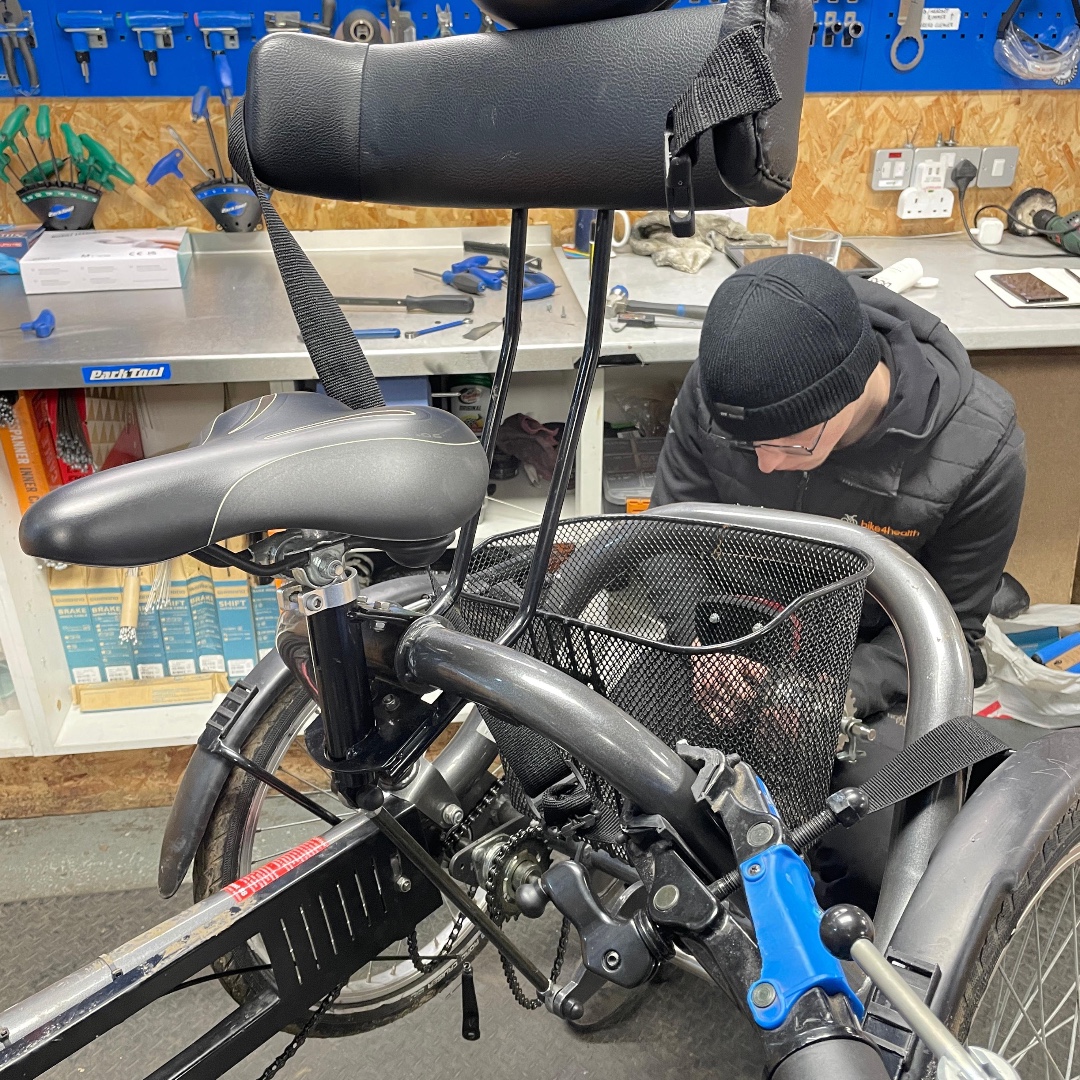 Taylor working on an internal gear hub issue for an Adapted Cycle last week, making sure it can stay in use for group sessions. We've been working hard behind the scenes on some adapted cycling projects which we're excited to share but can't just yet! #morepeopleonbikes