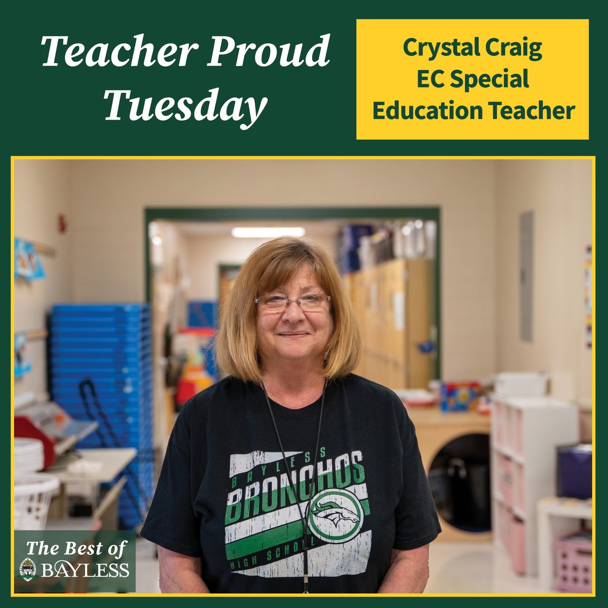 This #TeacherProudTuesday is for the Early Childhood Center's Crystal Craig! Miss Crystal is an ECSE teacher in the Green Room.

She has a passion for supporting others, both students and staff. Thank you for all that you do, Miss Crystal!

#BringTheStampede